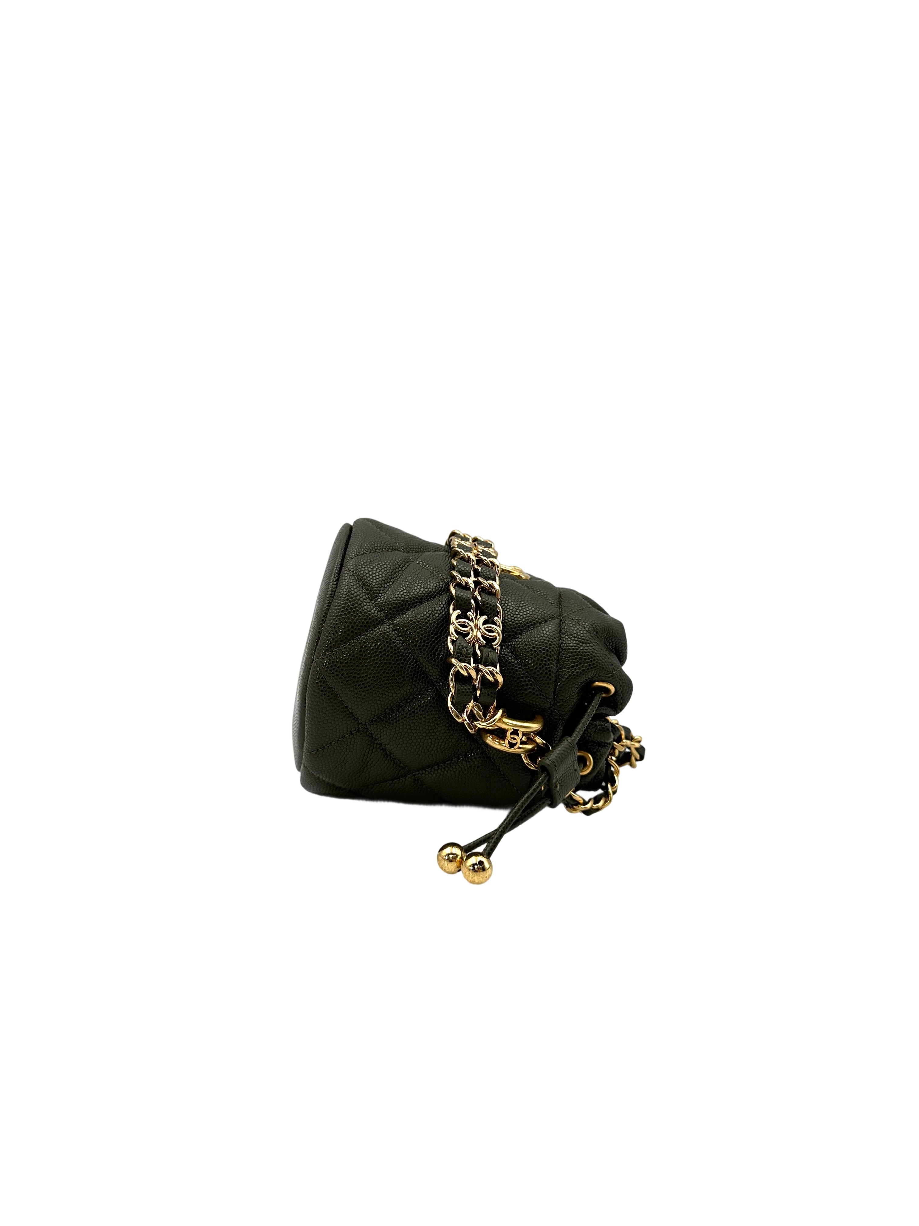 Chanel Green Quilted Calfskin Medallion Charms Drawstring Bucket Bag(CG***2H) CC1572