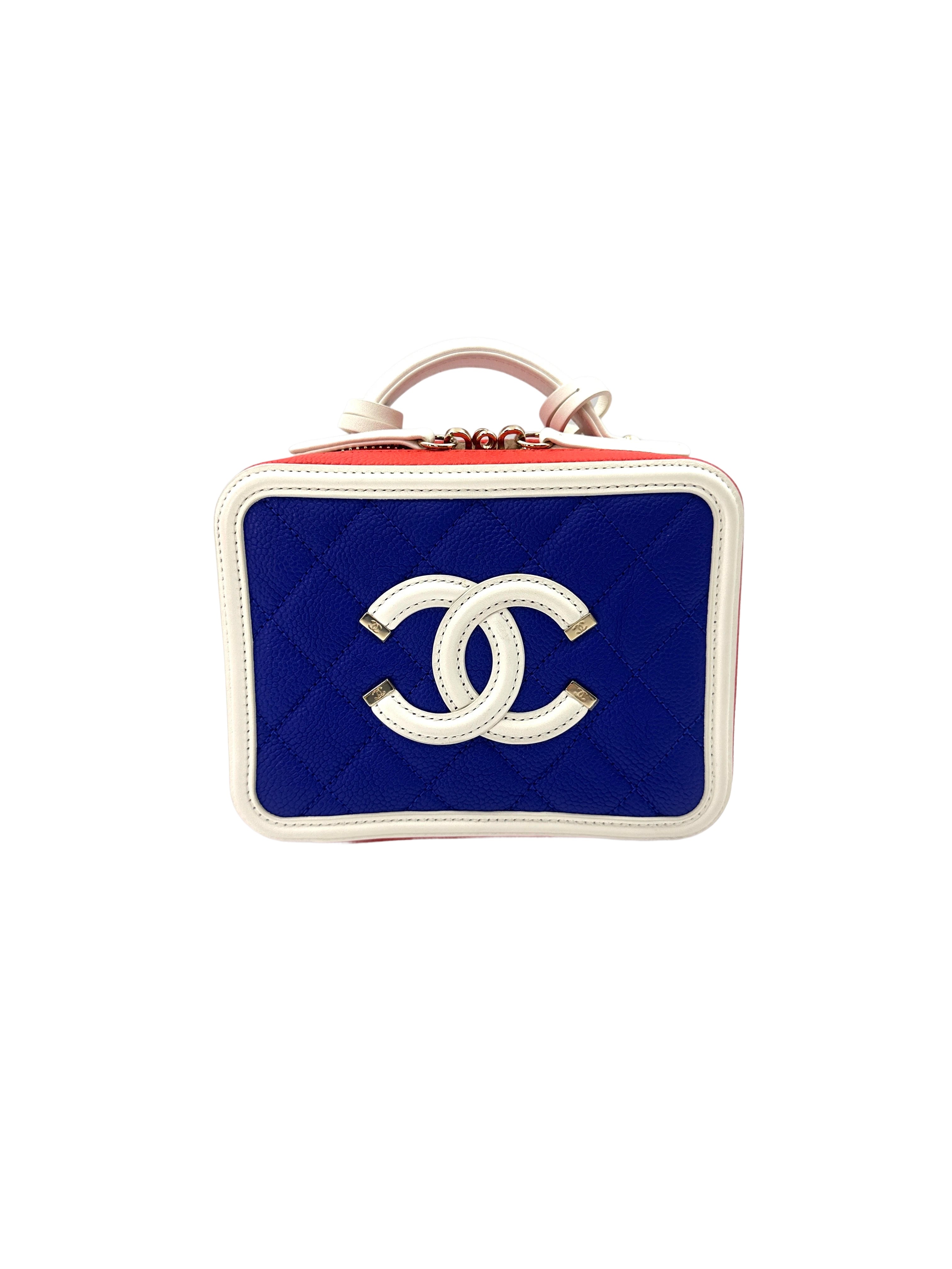 Chanel CC Filigree Blue/White Quilted Calfskin Medium Size Top Handle Vanity Case(27***50) CC1583