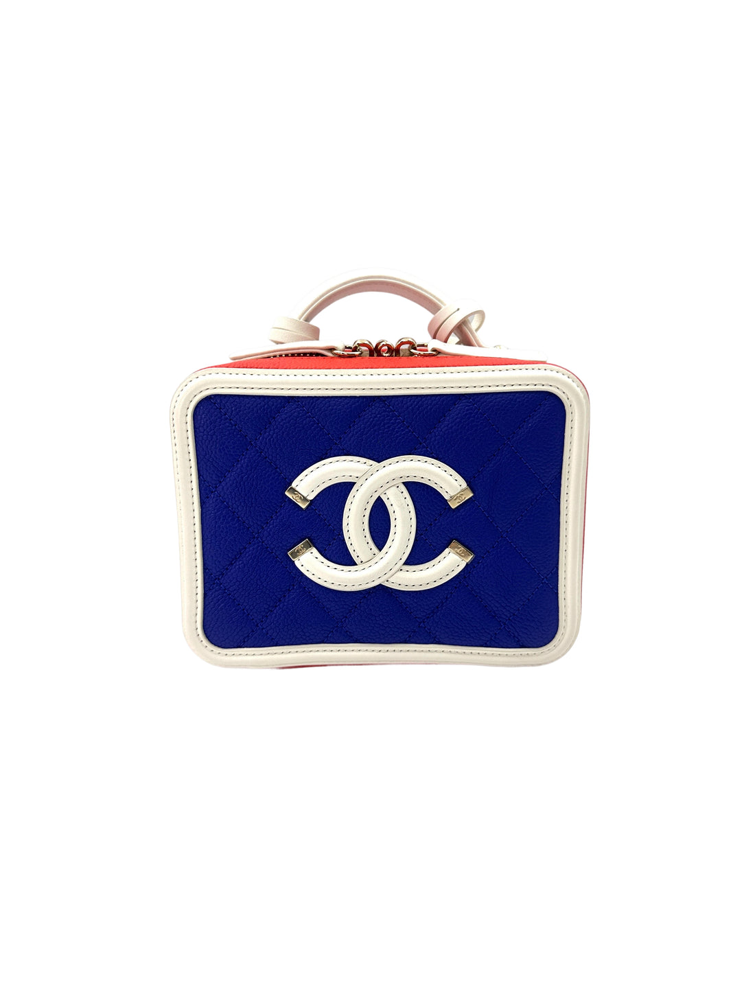 Chanel CC Filigree Blue/White Quilted Calfskin Medium Size Top Handle Vanity Case(27***50) CC1583