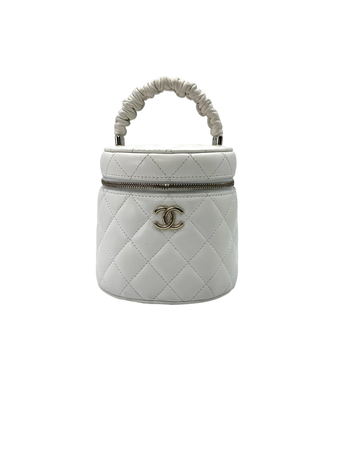 Chanel White Quilted Lambskin Large Size Vanity Case With Ruffled Top Handle(32***25) CC1582