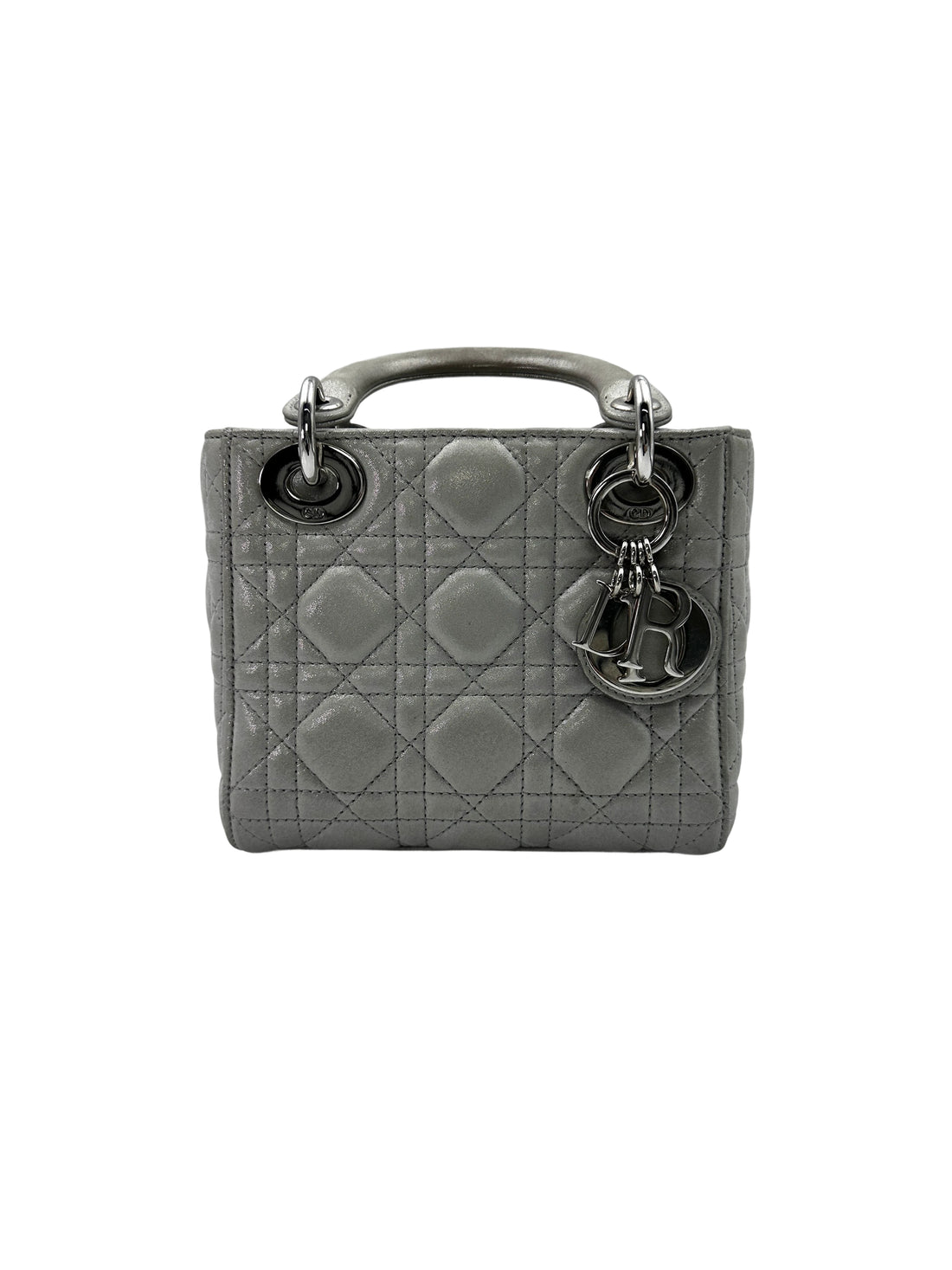 Christian Dior Lady Dior Beige Metallic Cannage Leather Handle Bag With Silver Charms DR577