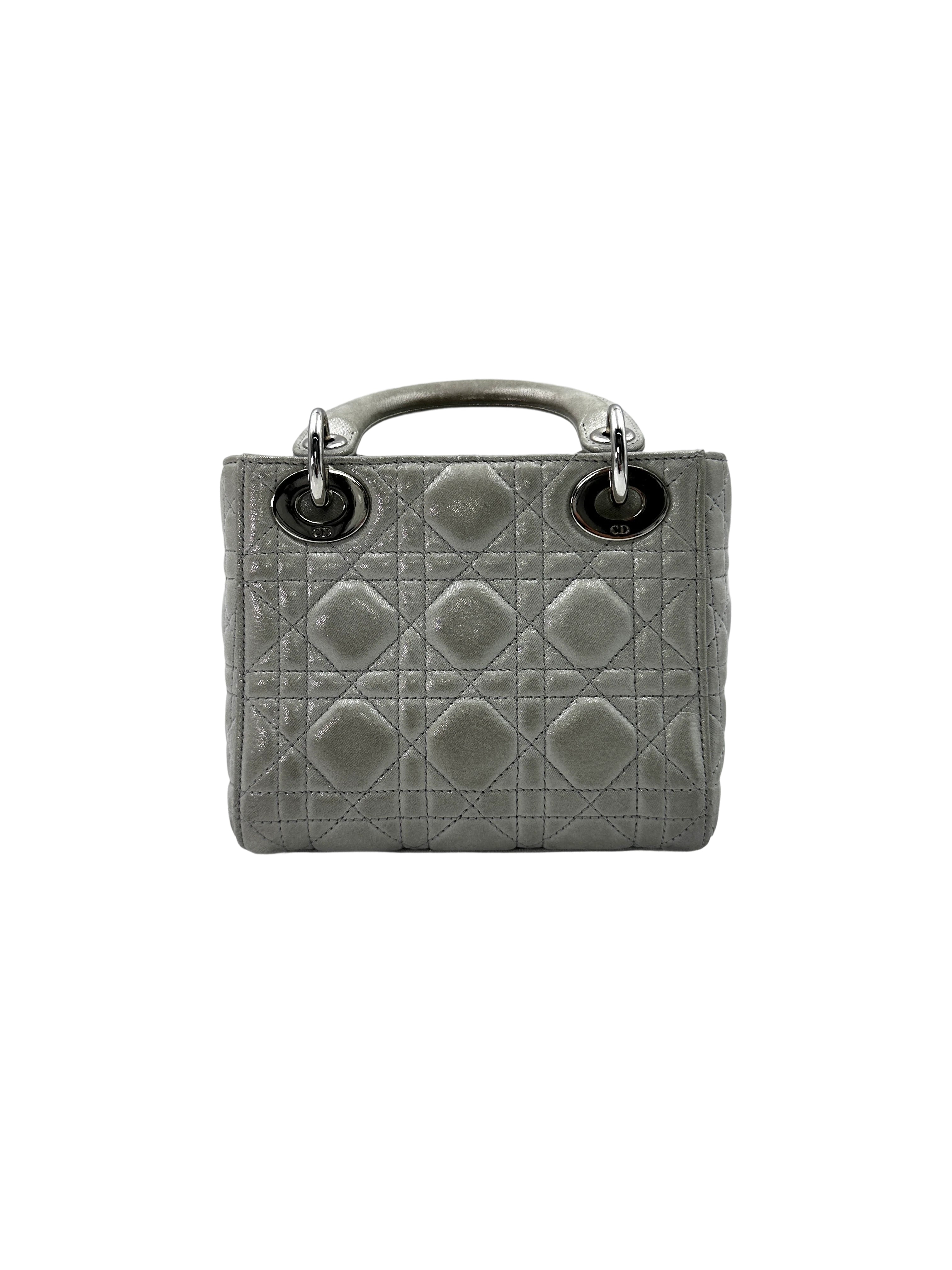 Christian Dior Lady Dior Beige Metallic Cannage Leather Handle Bag With Silver Charms DR577