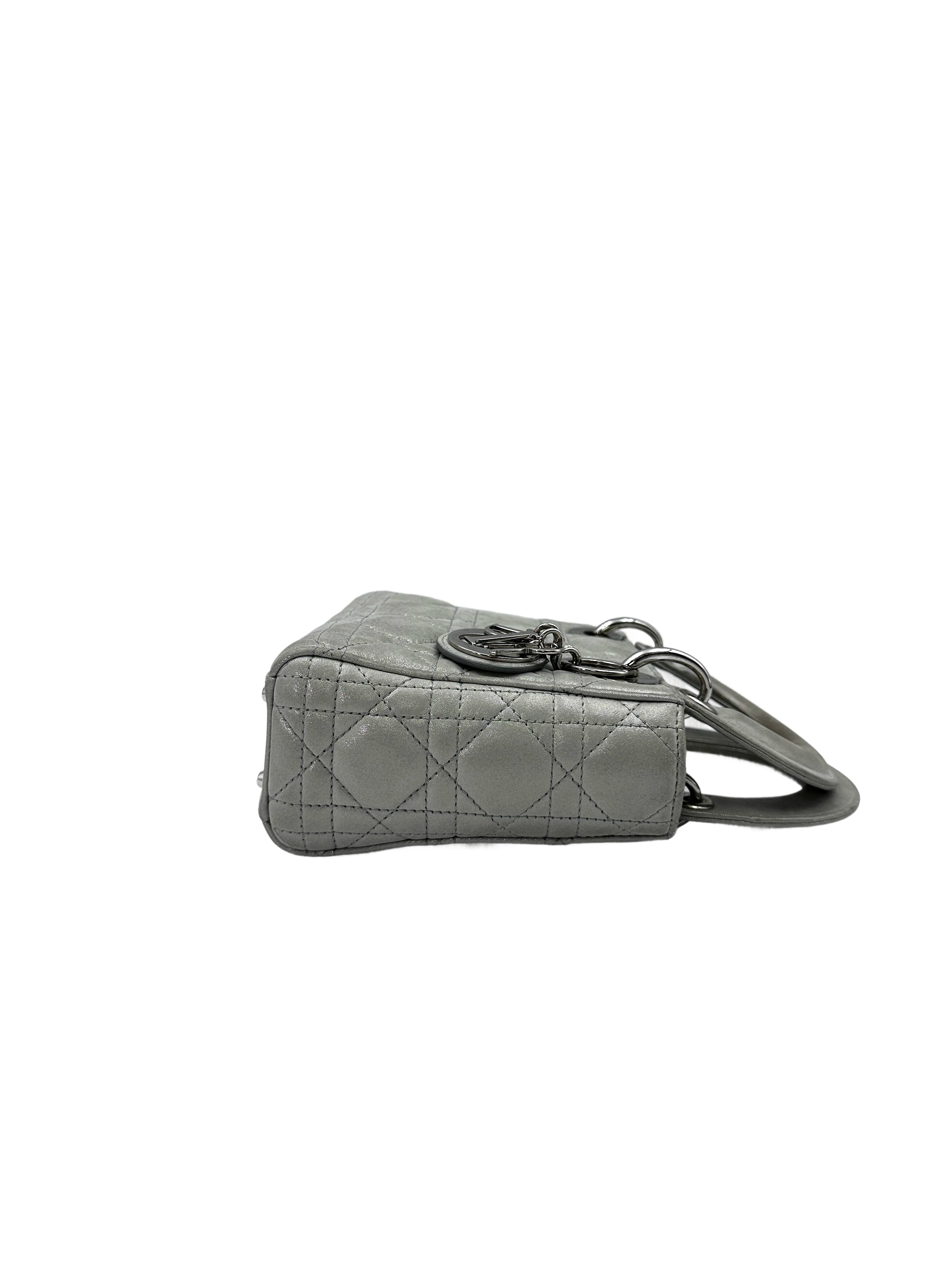 Christian Dior Lady Dior Beige Metallic Cannage Leather Handle Bag With Silver Charms DR577