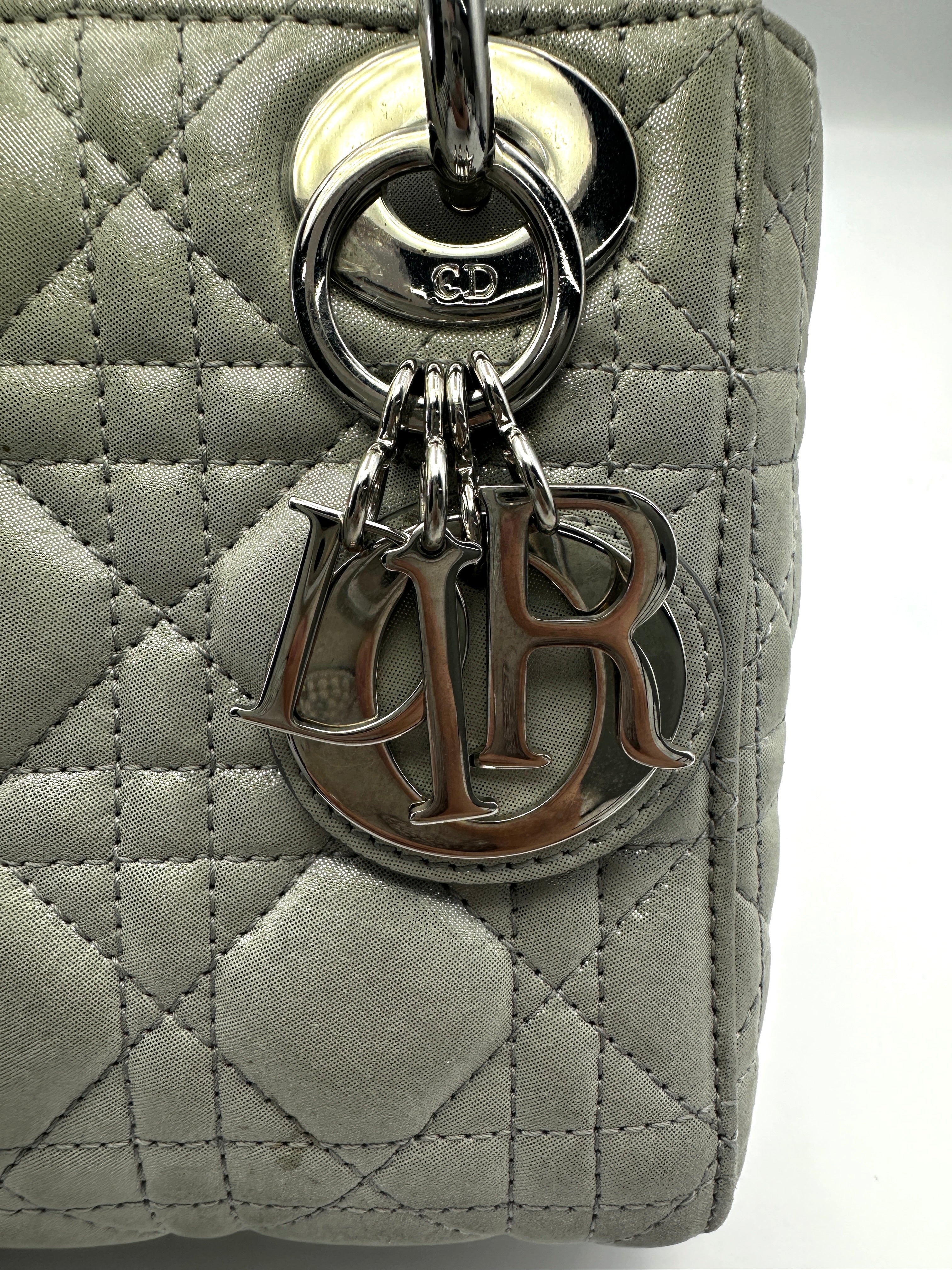 Christian Dior Lady Dior Beige Metallic Cannage Leather Handle Bag With Silver Charms DR577