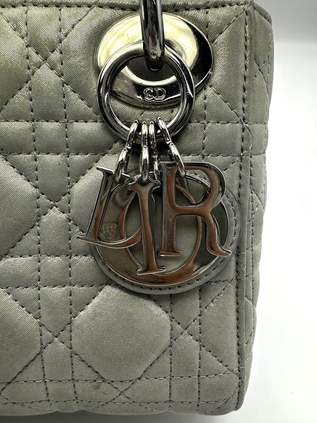 Christian Dior Lady Dior Beige Metallic Cannage Leather Handle Bag With Silver Charms DR577
