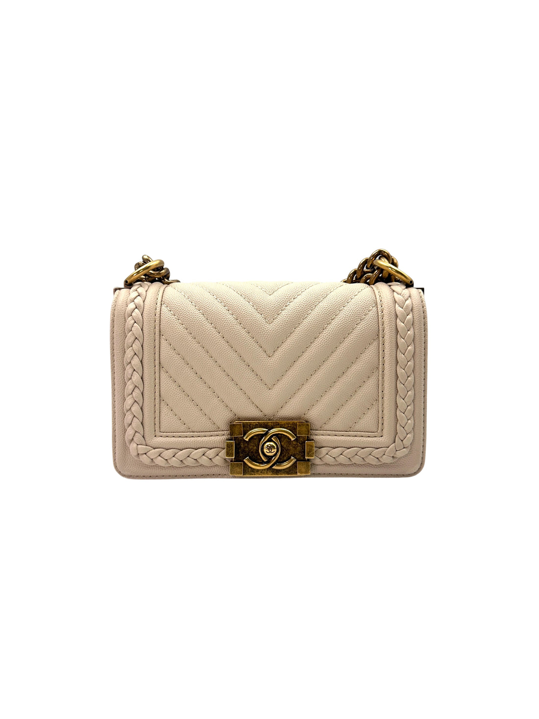 Chanel LeBoy Beige Chevron Quilted Leather Flap Bag With Braided Trim And Aged Gold Buckle(25***48) CC1589