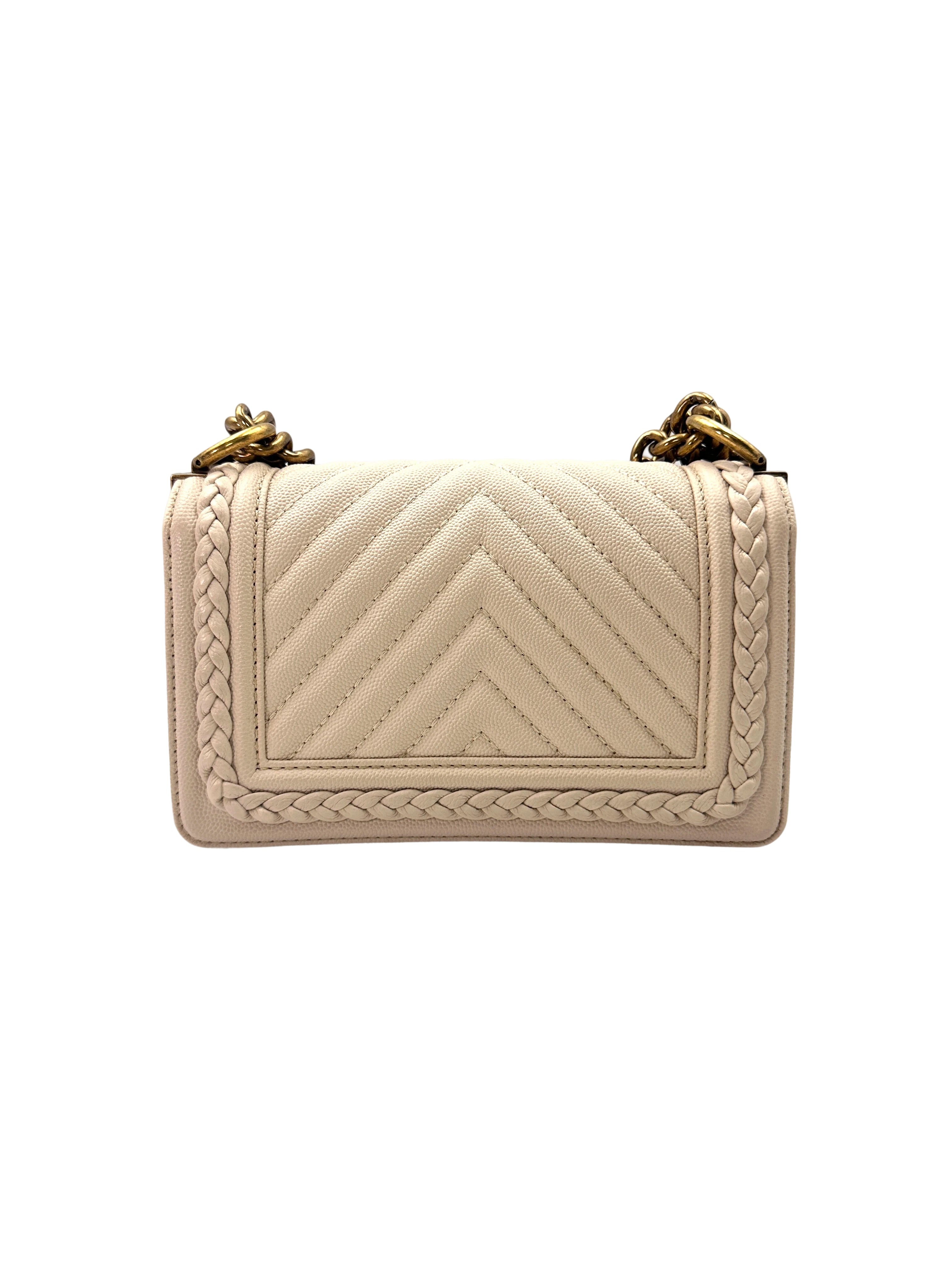Chanel LeBoy Beige Chevron Quilted Leather Flap Bag With Braided Trim And Aged Gold Buckle(25***48) CC1589