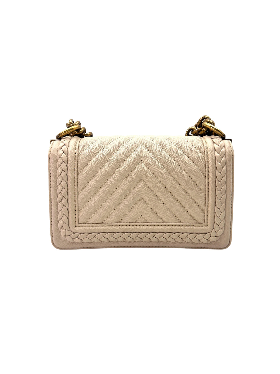 Chanel LeBoy Beige Chevron Quilted Leather Flap Bag With Braided Trim And Aged Gold Buckle(25***48) CC1589
