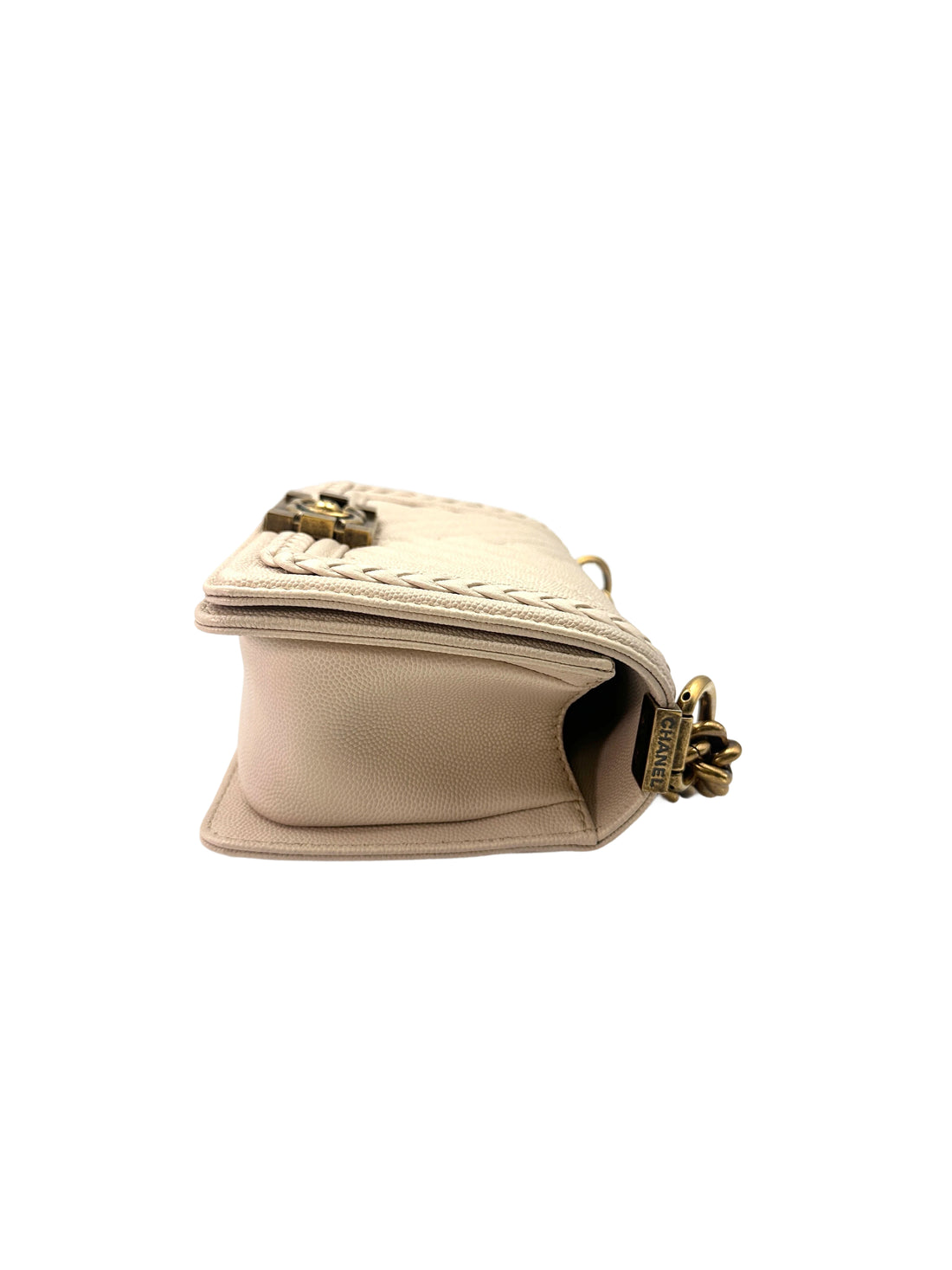 Chanel LeBoy Beige Chevron Quilted Leather Flap Bag With Braided Trim And Aged Gold Buckle(25***48) CC1589