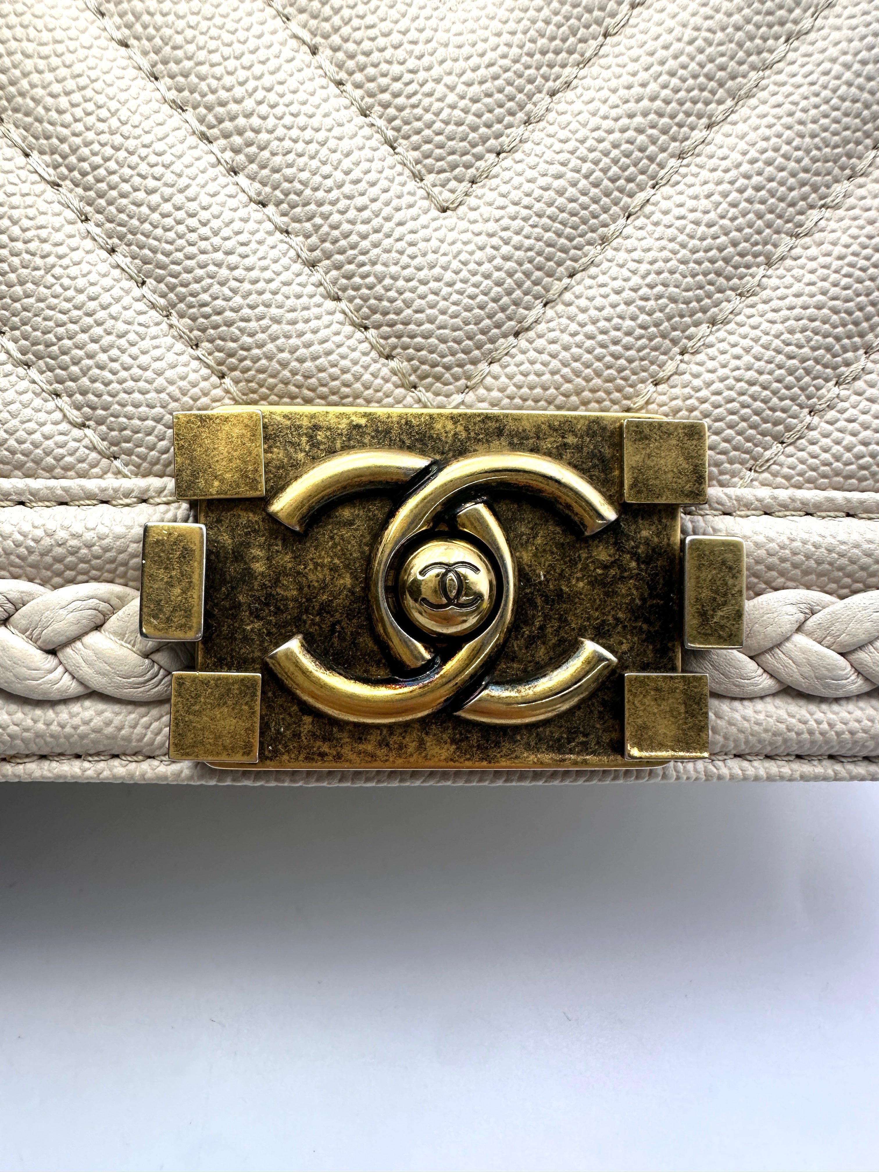 Chanel LeBoy Beige Chevron Quilted Leather Flap Bag With Braided Trim And Aged Gold Buckle(25***48) CC1589
