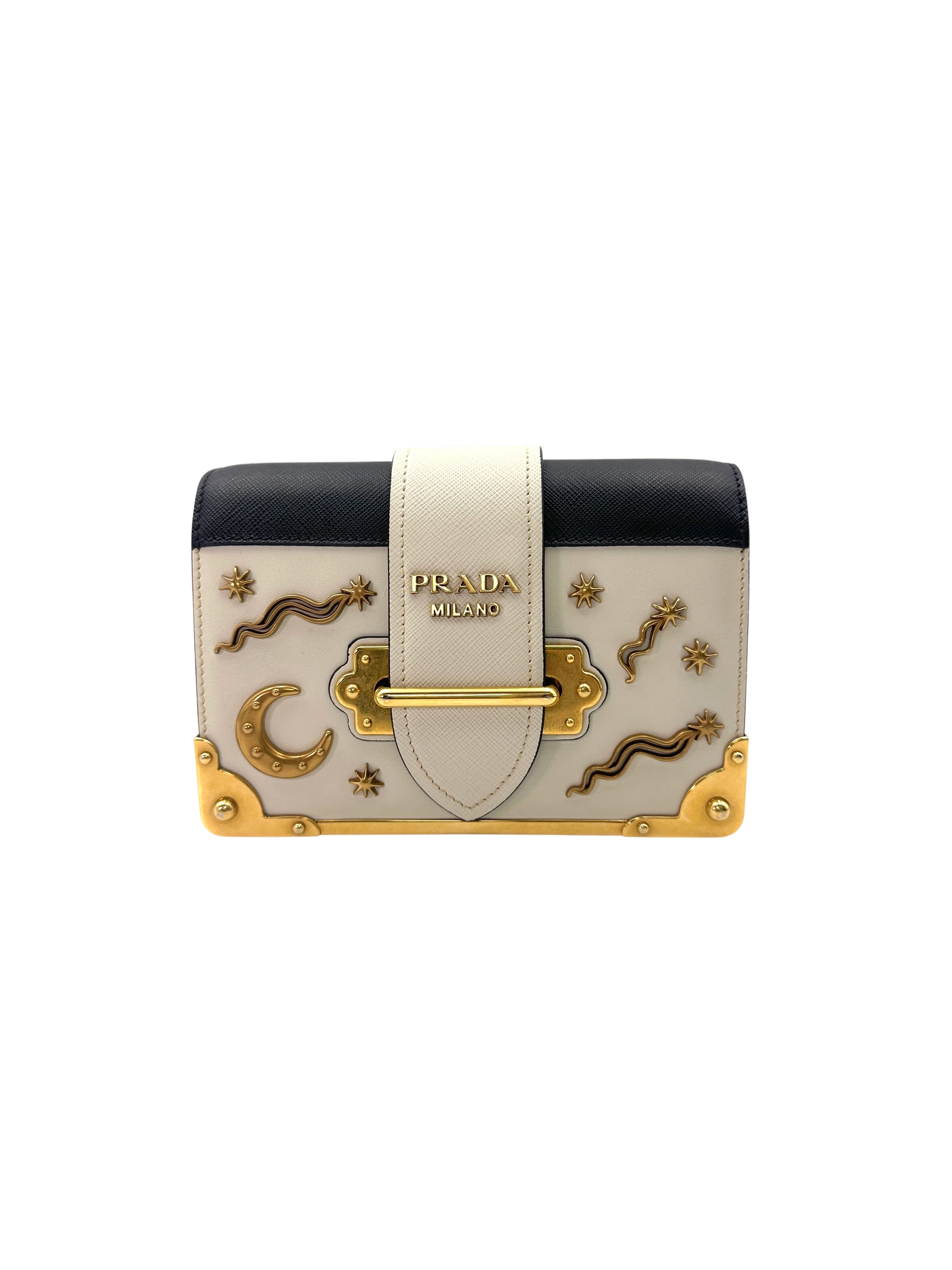 Prada Cahier  Astrology White/Black Saffiano Shoulder Bag With Gold Hardware PR210