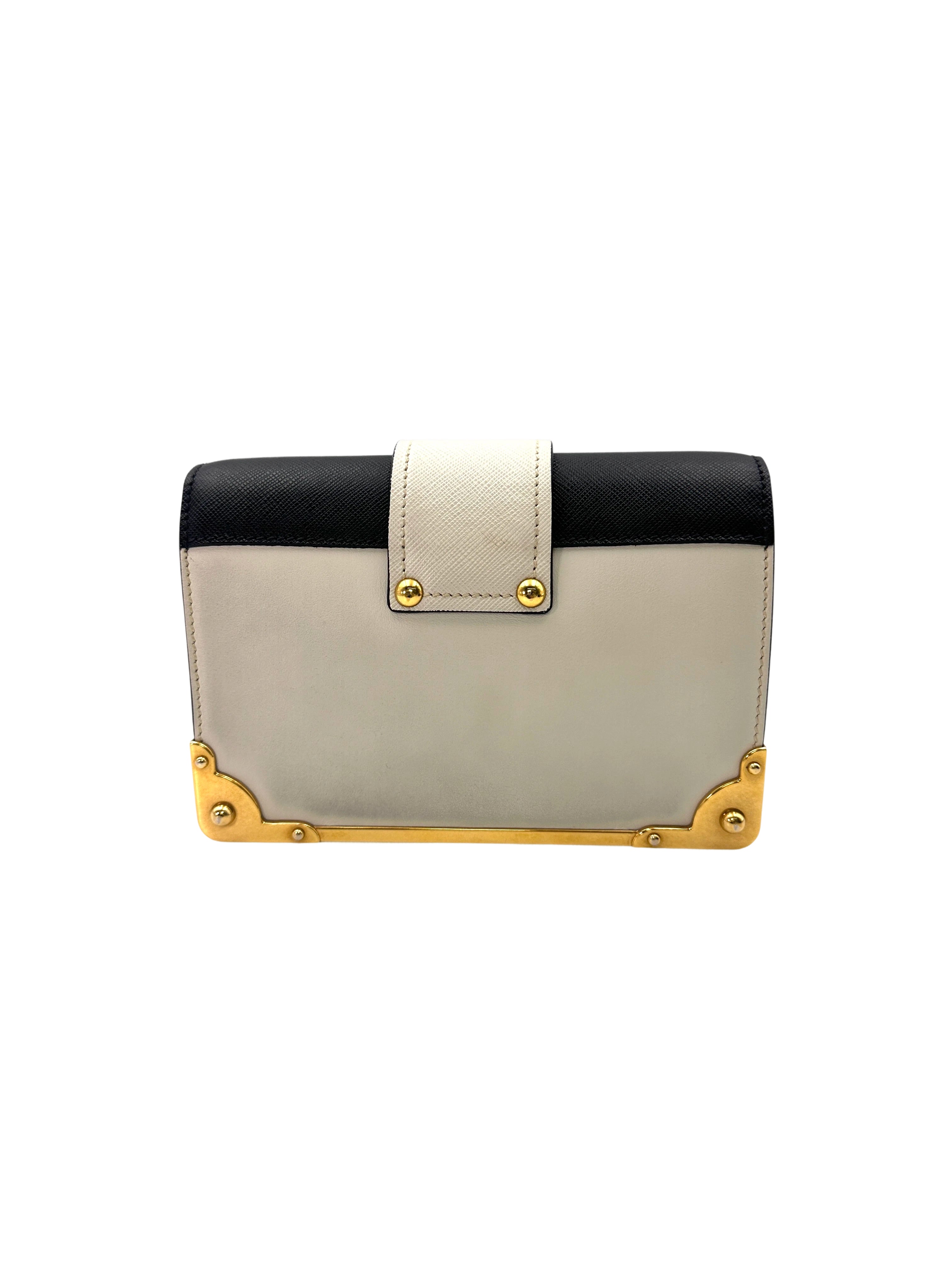 Prada Cahier  Astrology White/Black Saffiano Shoulder Bag With Gold Hardware PR210