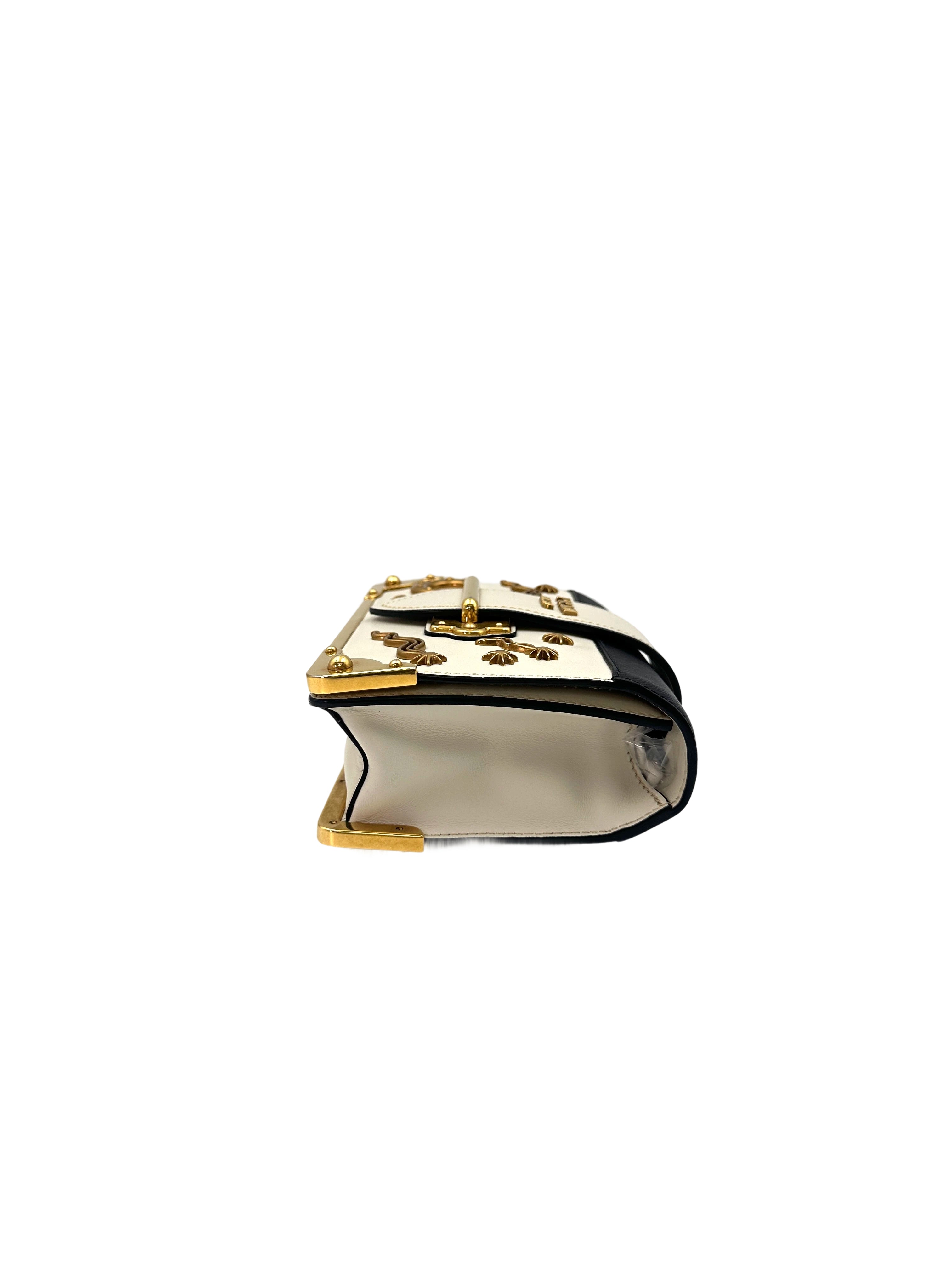 Prada Cahier  Astrology White/Black Saffiano Shoulder Bag With Gold Hardware PR210