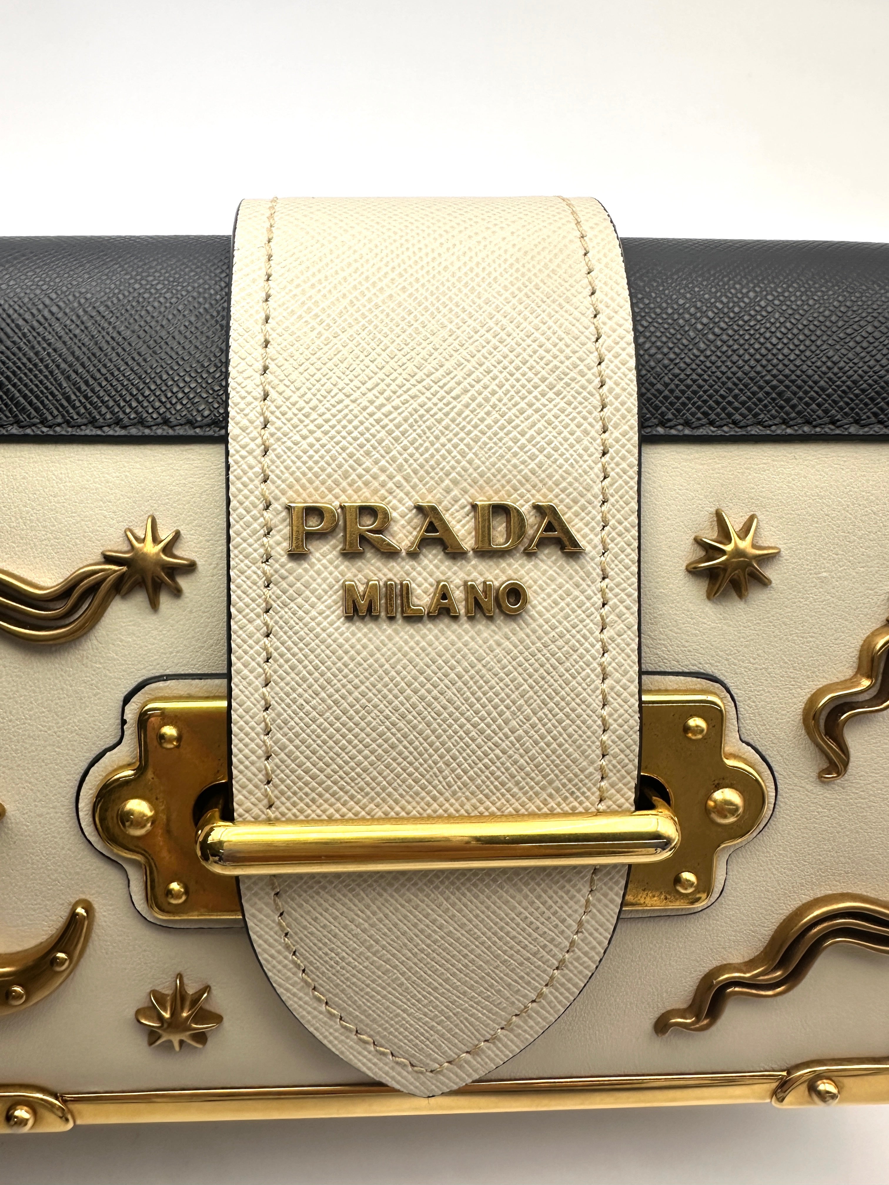 Prada Cahier  Astrology White/Black Saffiano Shoulder Bag With Gold Hardware PR210