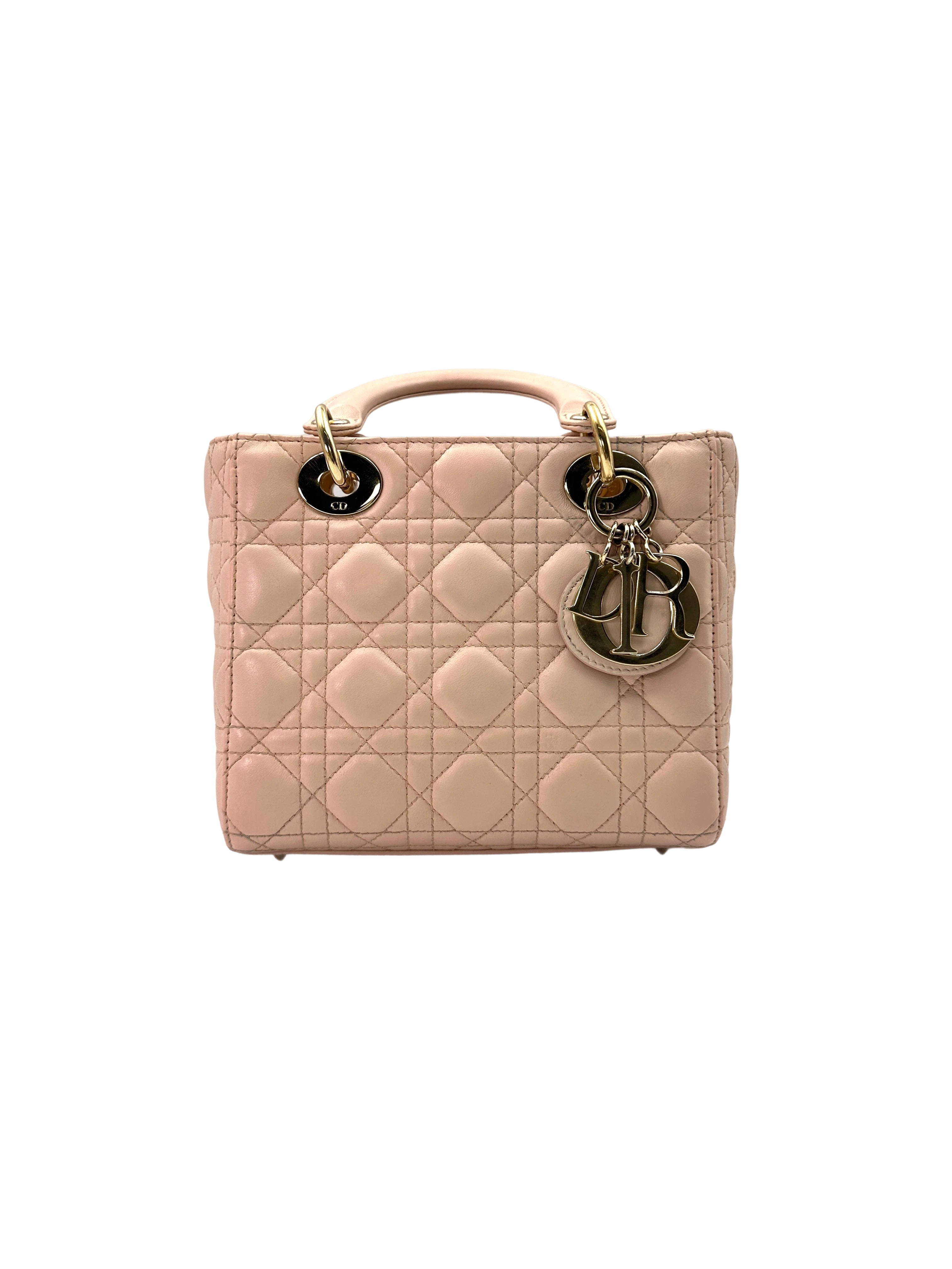Christian Dior Lady Dior Pink Cannage Leather Handle Bag With Gold Charms DR578
