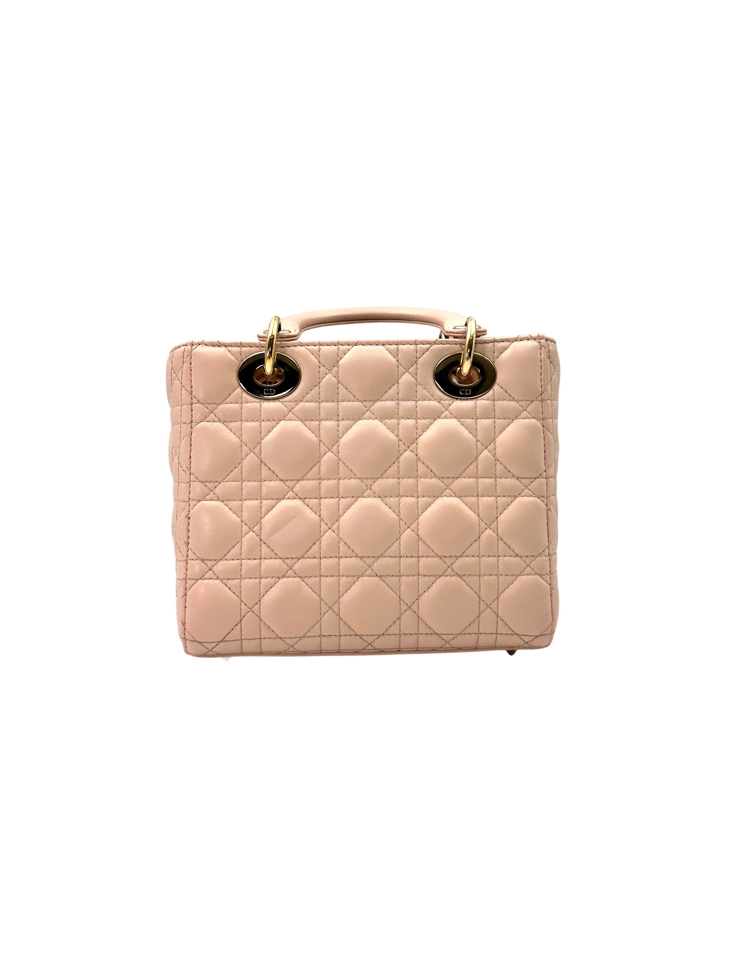Christian Dior Lady Dior Pink Cannage Leather Handle Bag With Gold Charms DR578