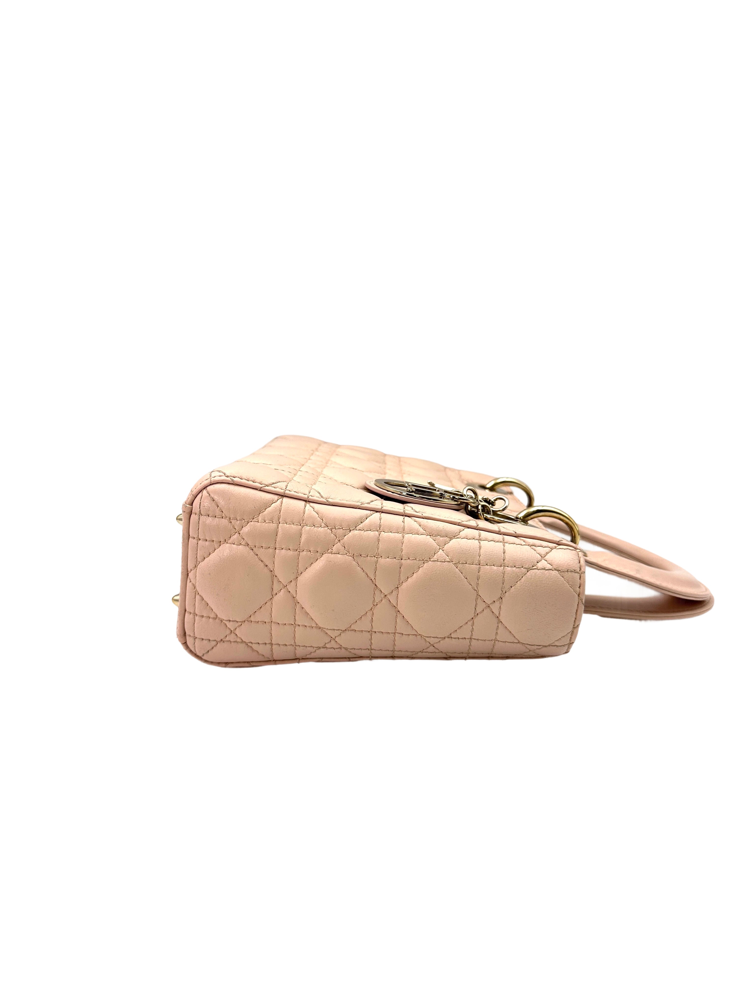 Christian Dior Lady Dior Pink Cannage Leather Handle Bag With Gold Charms DR578