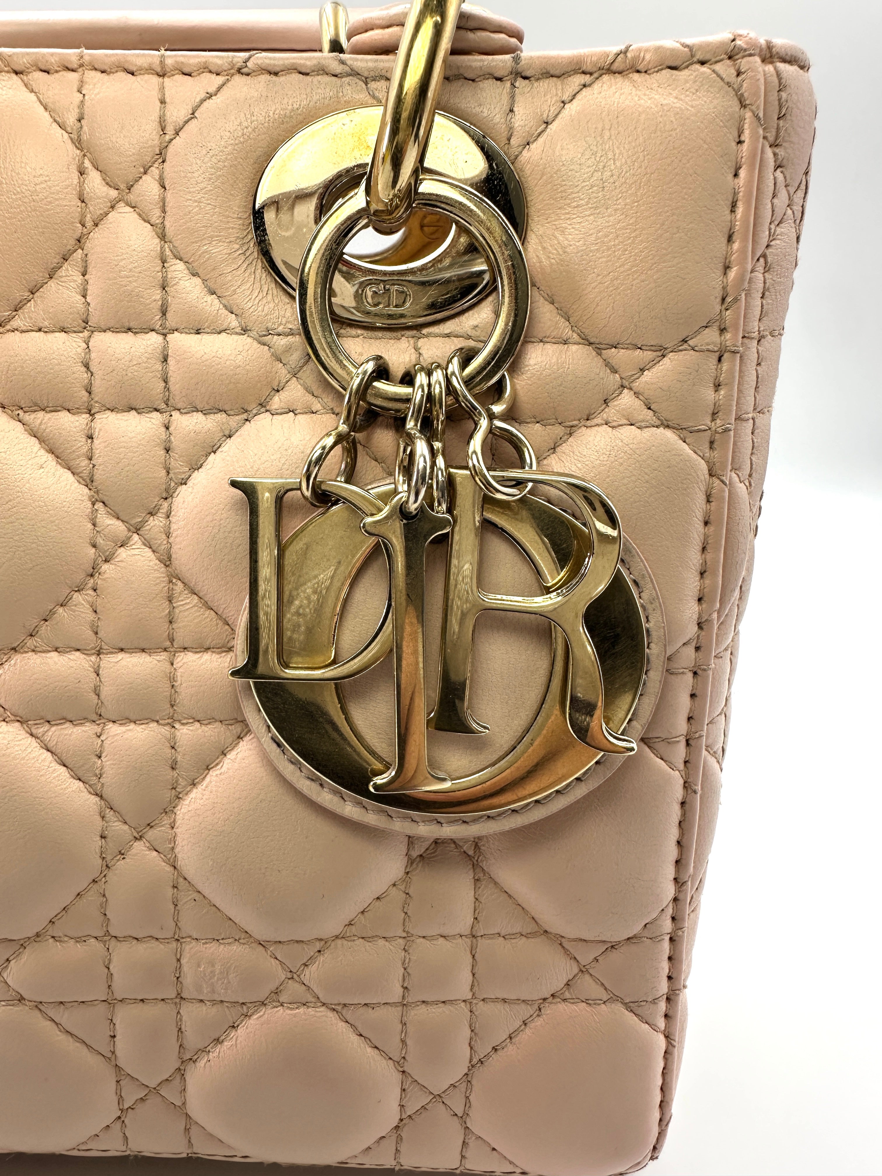 Christian Dior Lady Dior Pink Cannage Leather Handle Bag With Gold Charms DR578