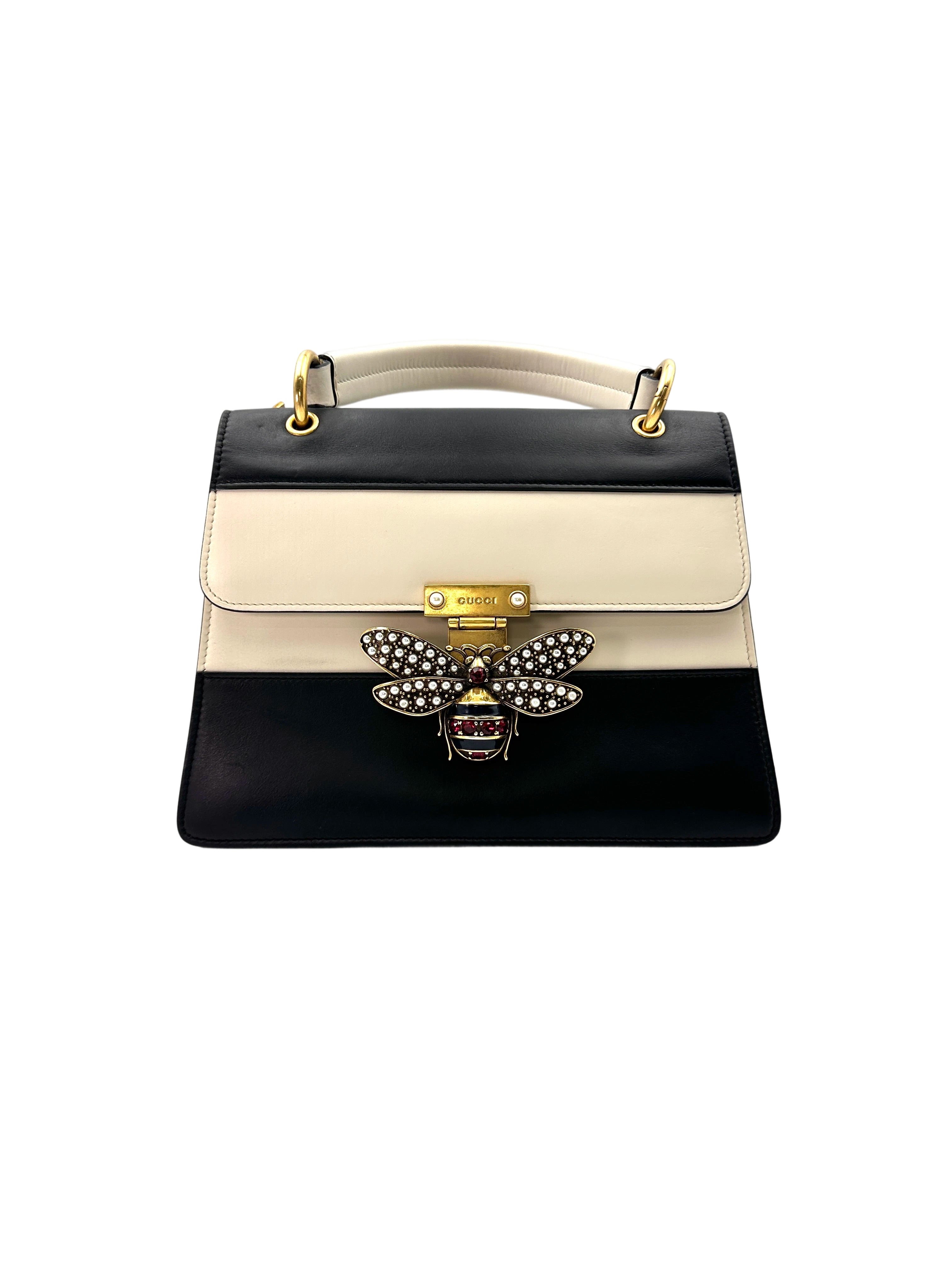 Gucci Queen Margaret Bee Black/White Leather Top Handle Bag GG773