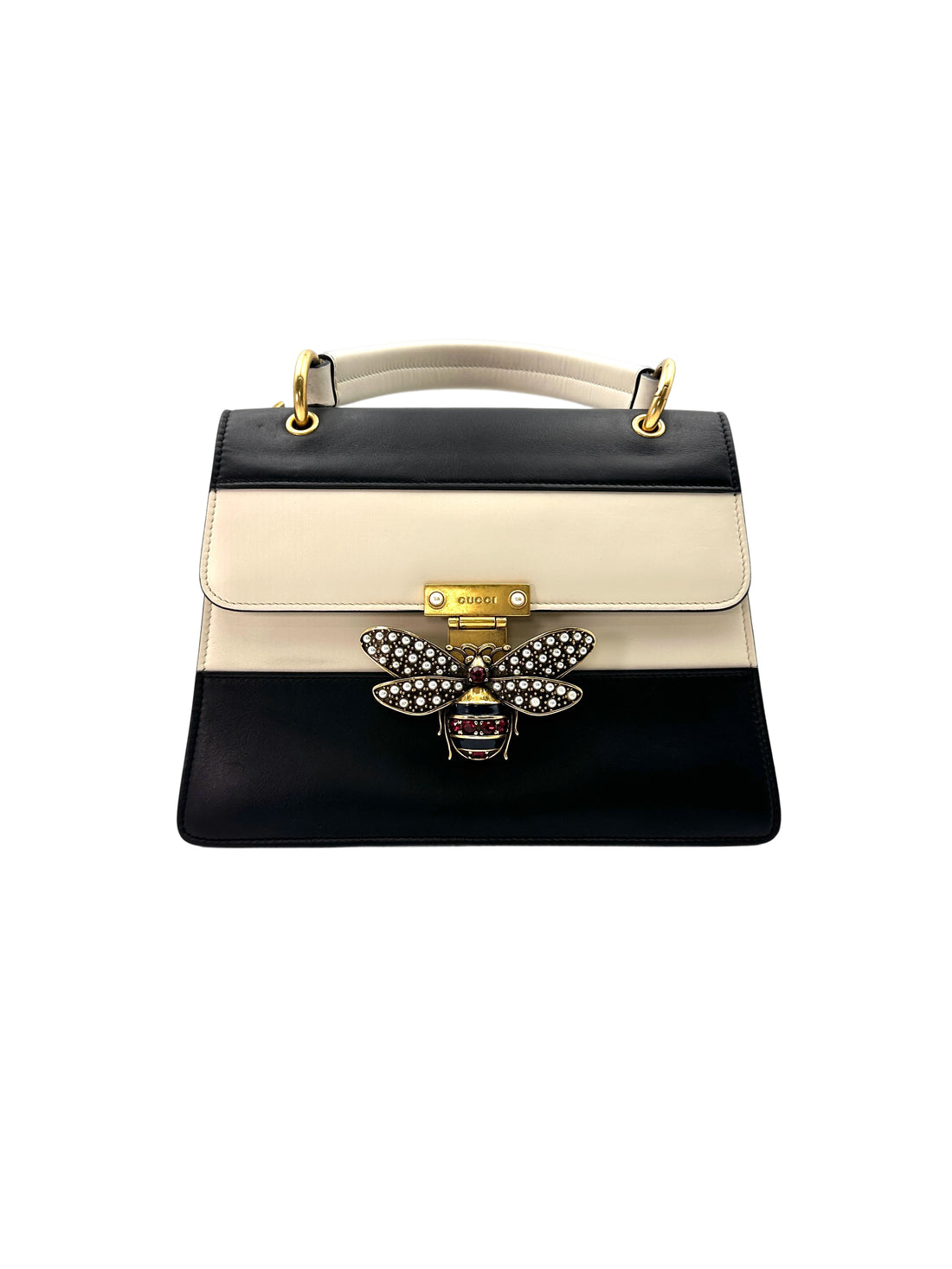 Gucci Queen Margaret Bee Black/White Leather Top Handle Bag GG773