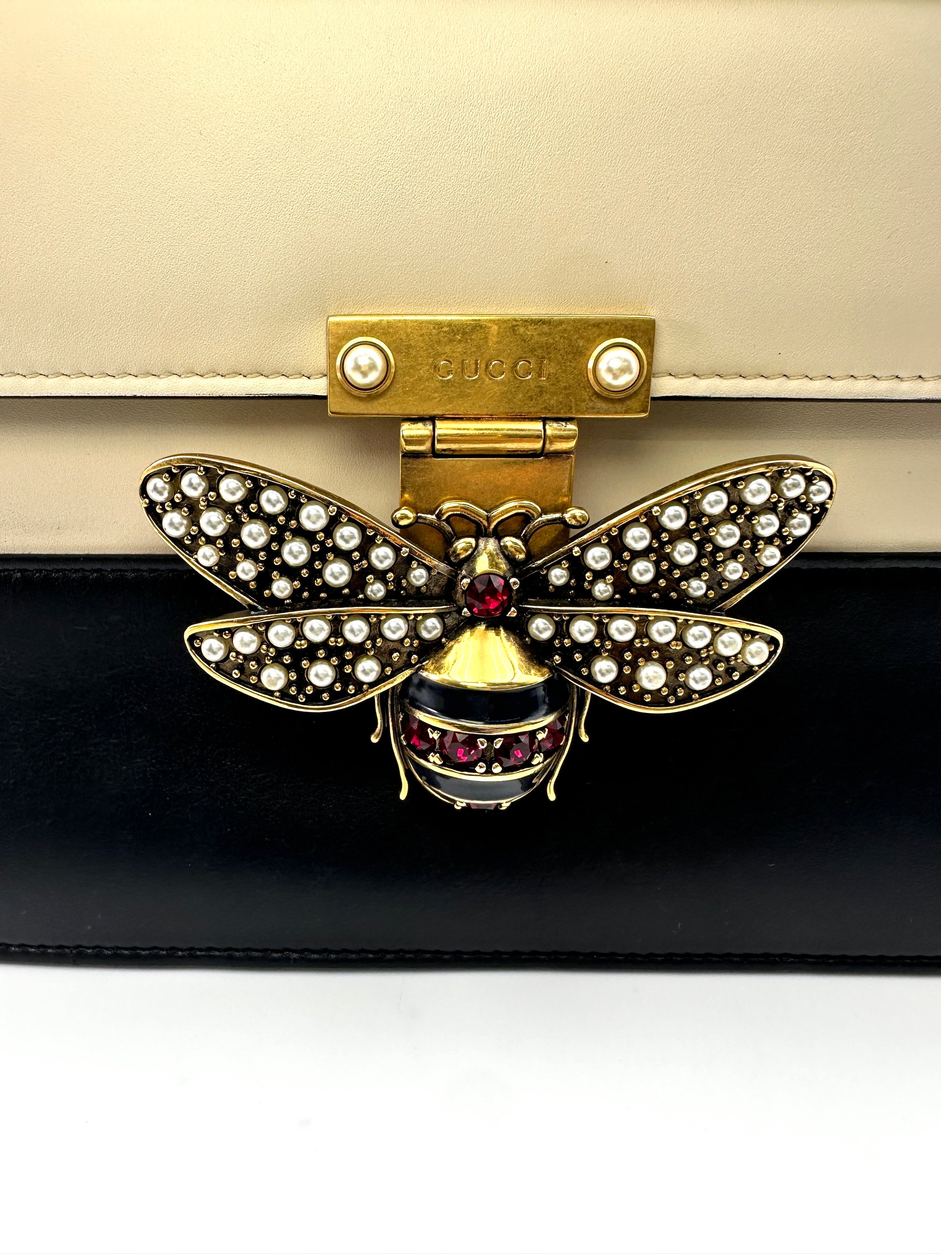 Gucci Queen Margaret Bee Black/White Leather Top Handle Bag GG773