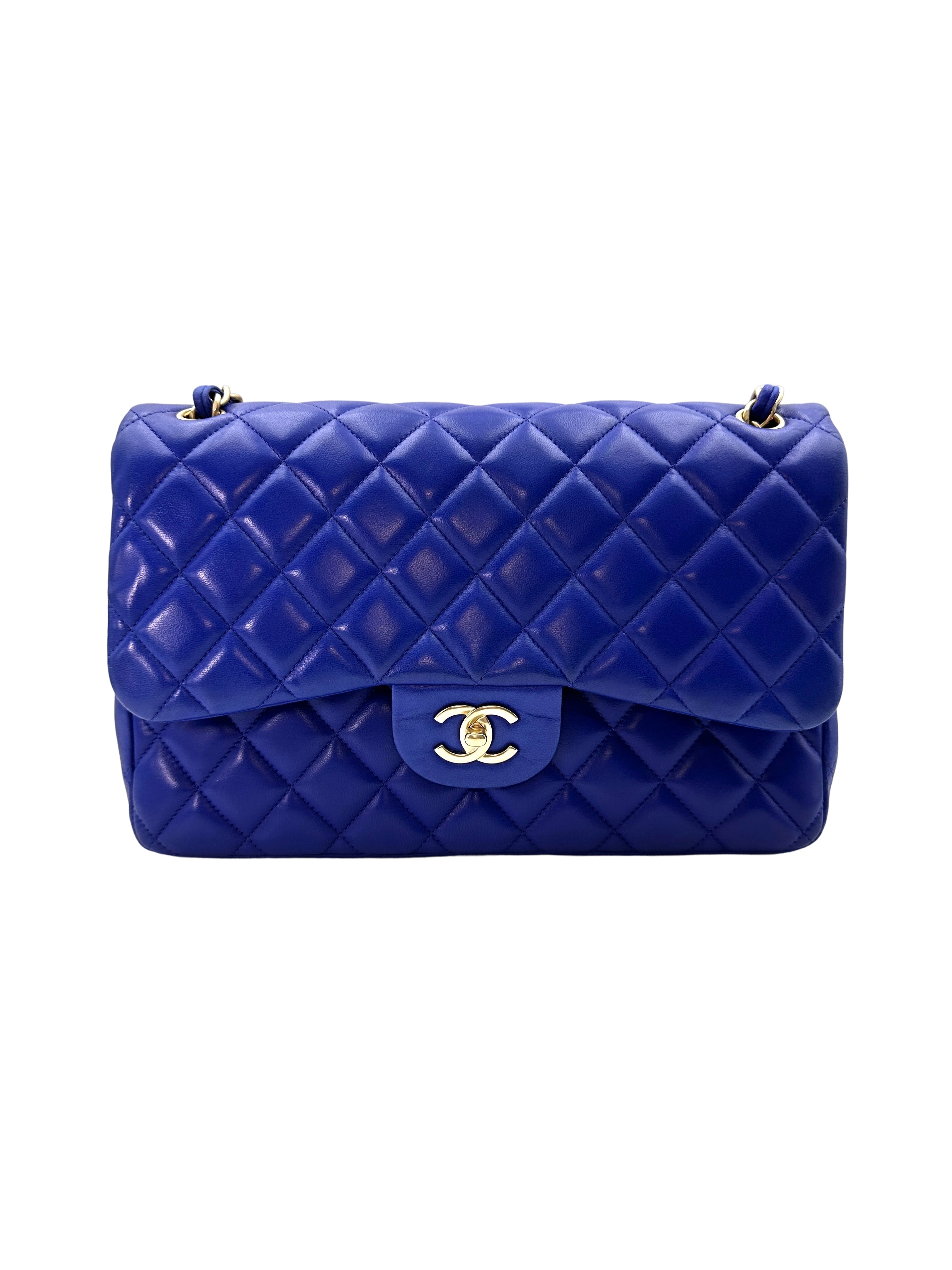 Chanel Classic Flap Blue Quilted Leather Jumbo Shoulder Bag With Gold Buckle(18***85) CC1594
