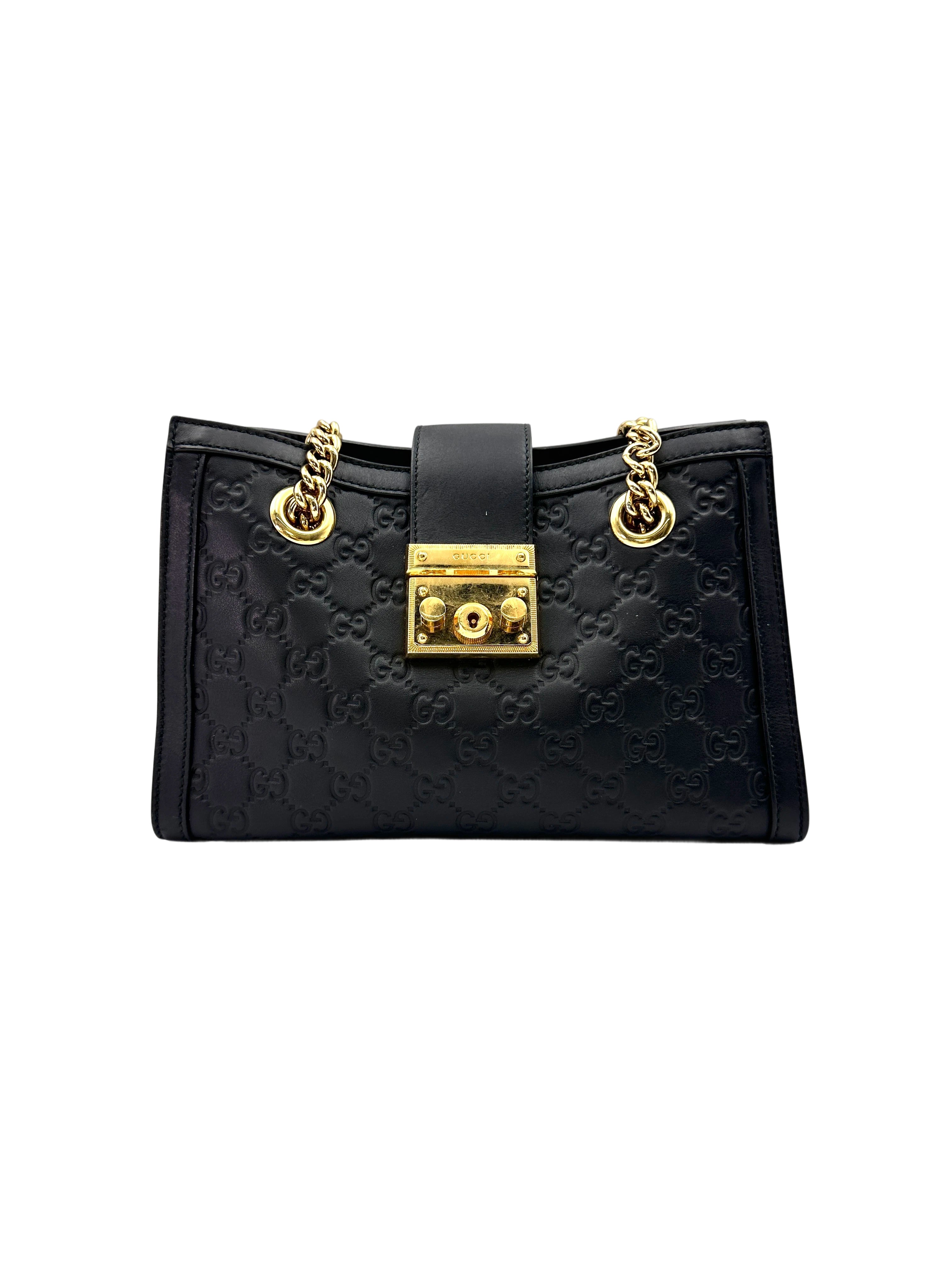 Gucci Padlock Black Guccissima Leather Chain Tote Bag GG772