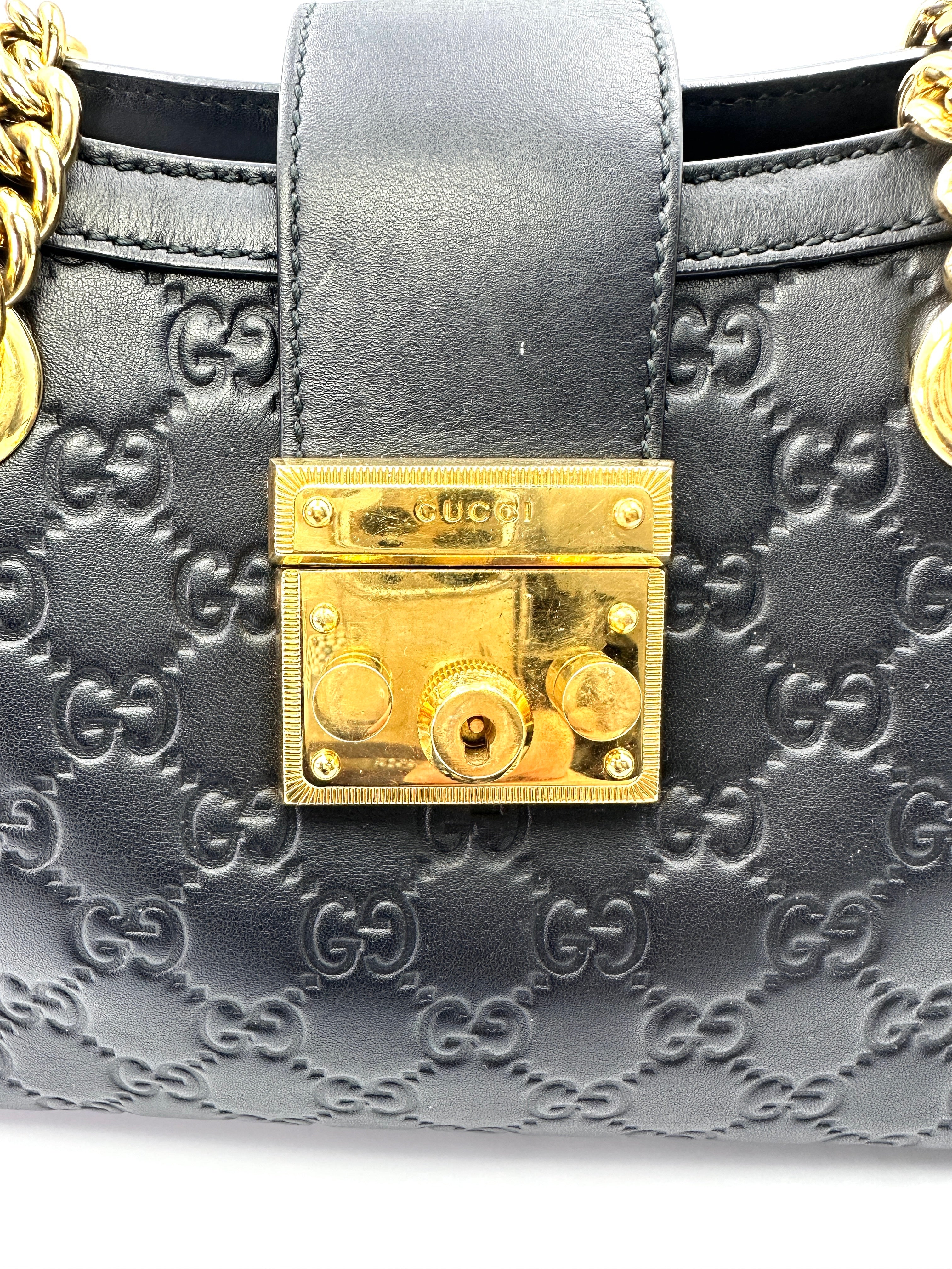 Gucci Padlock Black Guccissima Leather Chain Tote Bag GG772