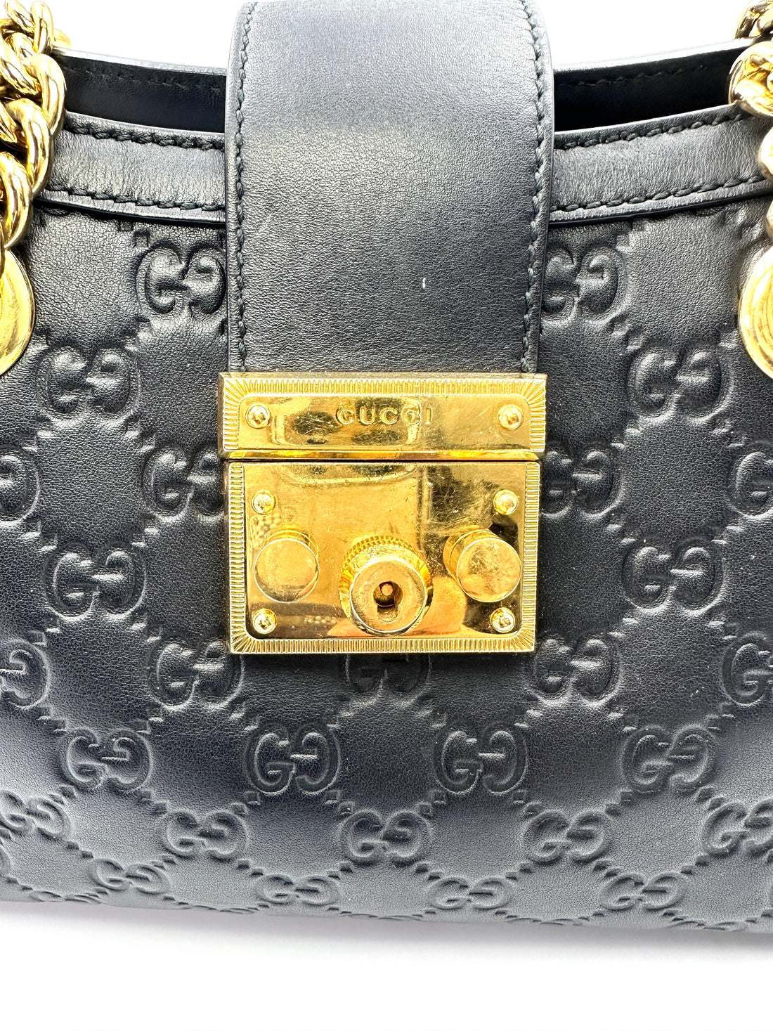 Gucci Padlock Black Guccissima Leather Chain Tote Bag GG772
