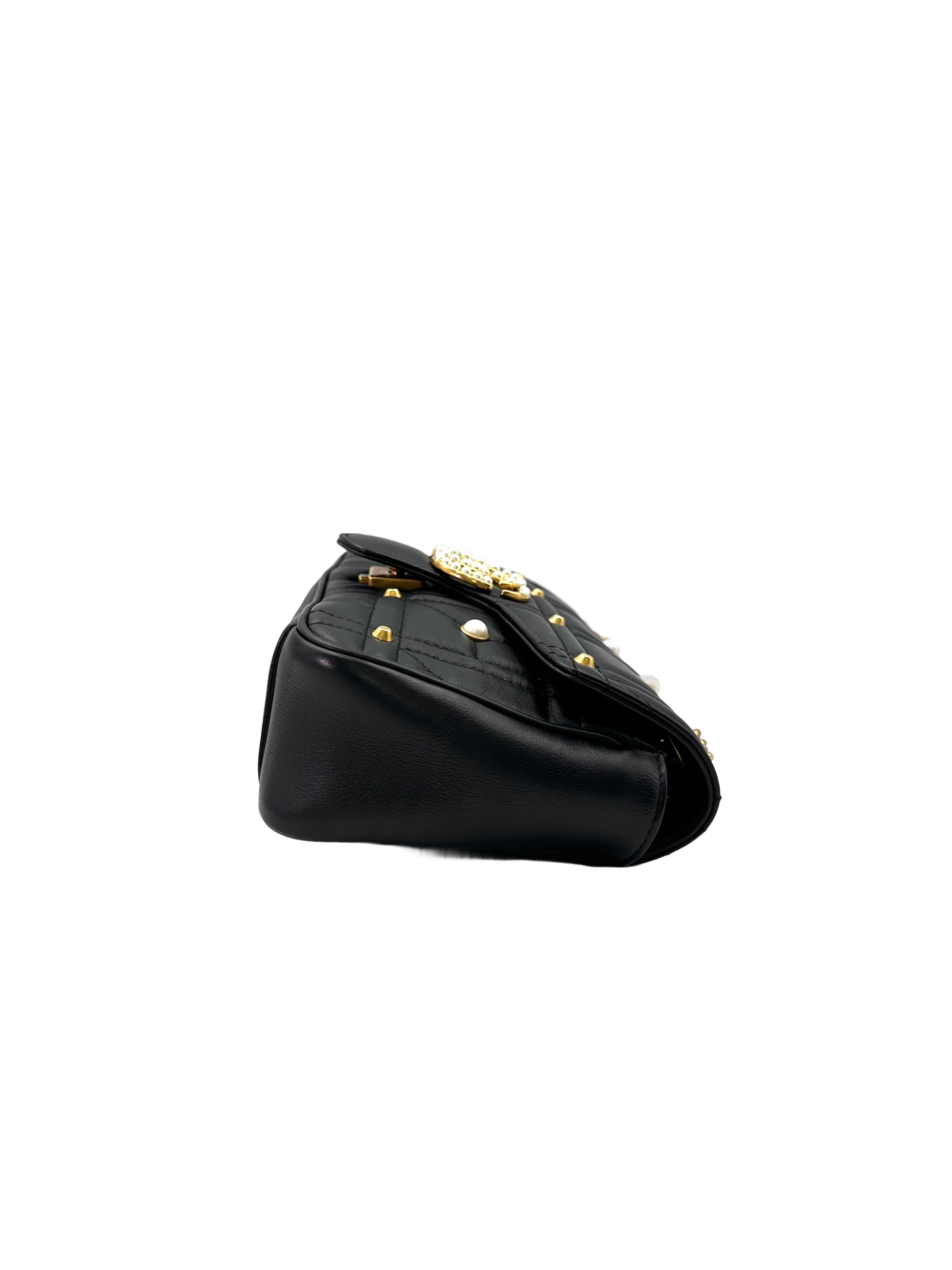 Gucci GG Marmont Pearl And Studded Embellished Black Quilted Leather Medium Size Shoulder Bag GG774