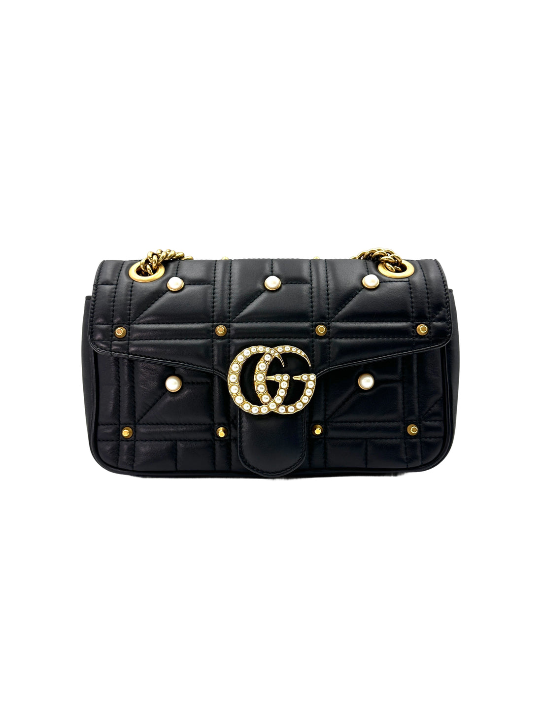 Gucci GG Marmont Pearl And Studded Embellished Black Quilted Leather Medium Size Shoulder Bag GG774
