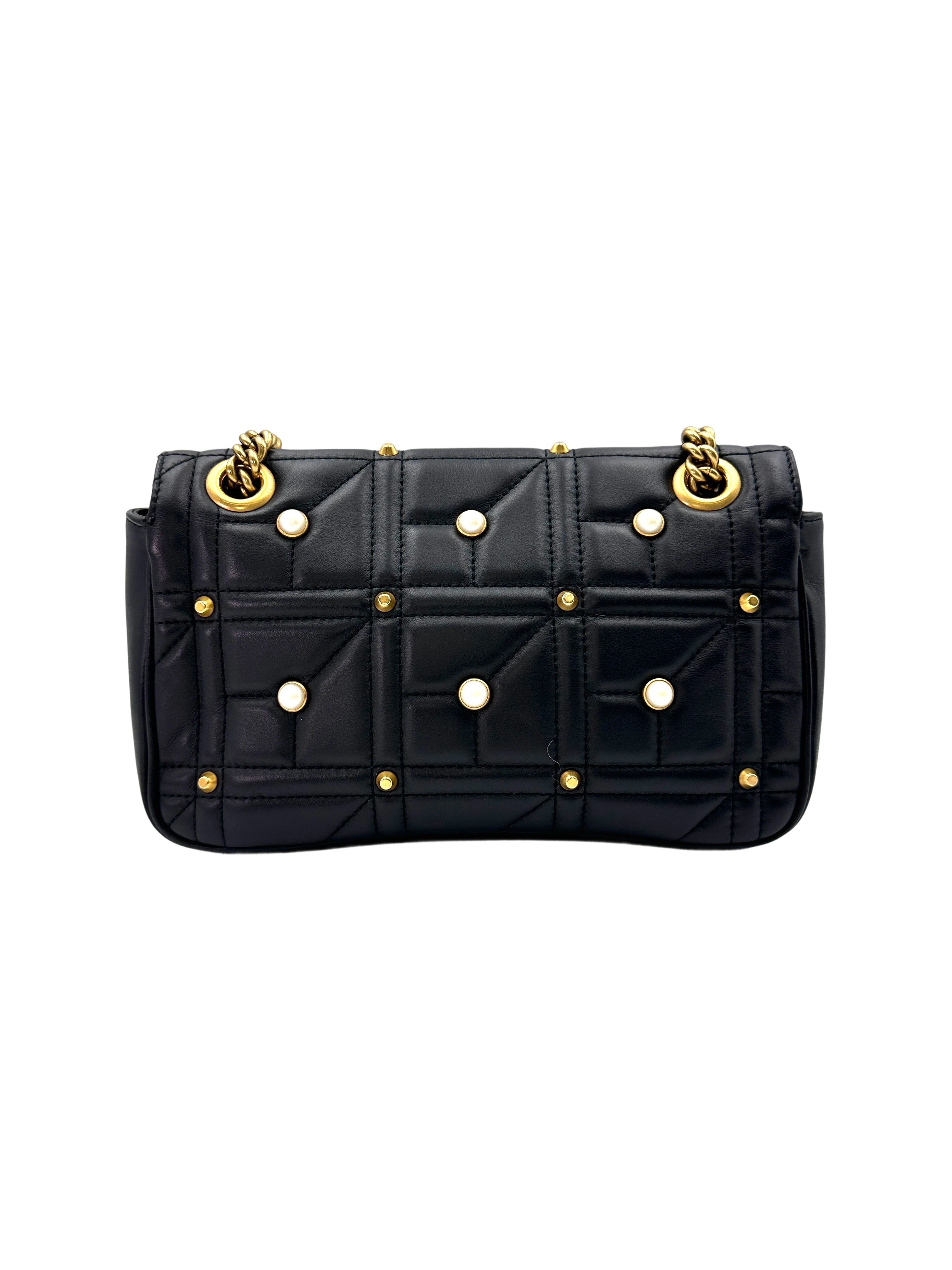 Gucci GG Marmont Pearl And Studded Embellished Black Quilted Leather Medium Size Shoulder Bag GG774