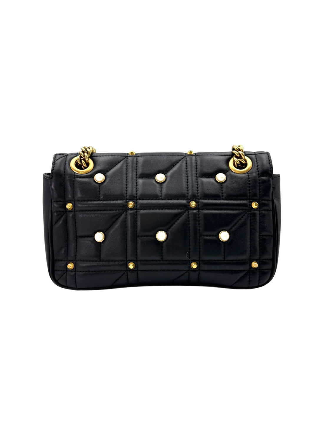 Gucci GG Marmont Pearl And Studded Embellished Black Quilted Leather Medium Size Shoulder Bag GG774