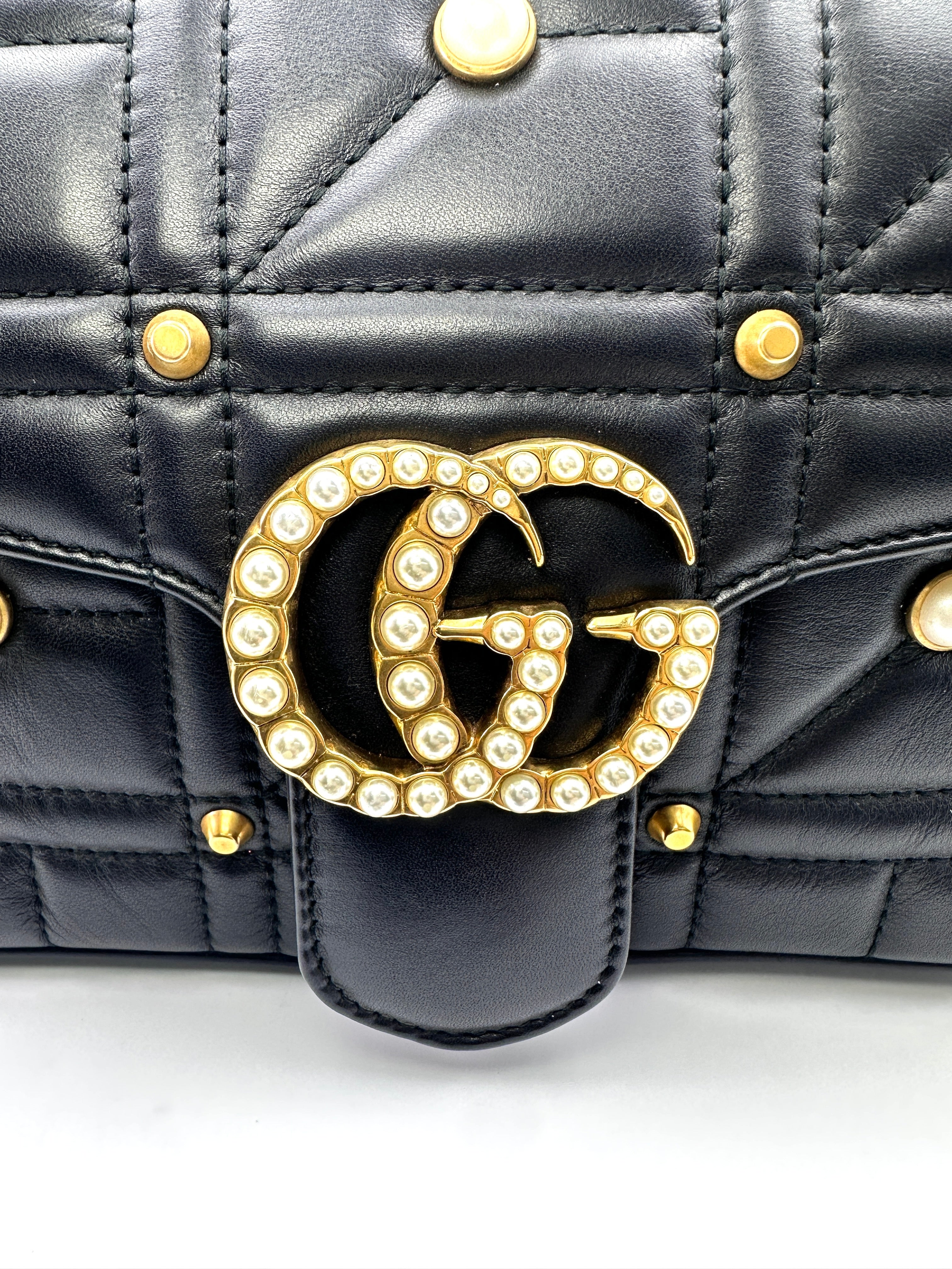 Gucci GG Marmont Pearl And Studded Embellished Black Quilted Leather Medium Size Shoulder Bag GG774