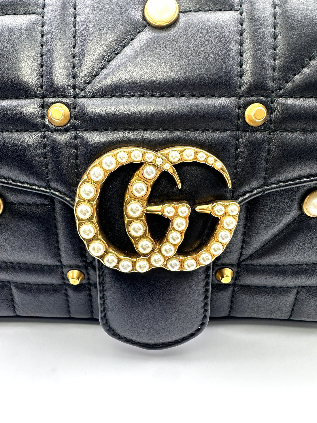Gucci GG Marmont Pearl And Studded Embellished Black Quilted Leather Medium Size Shoulder Bag GG774