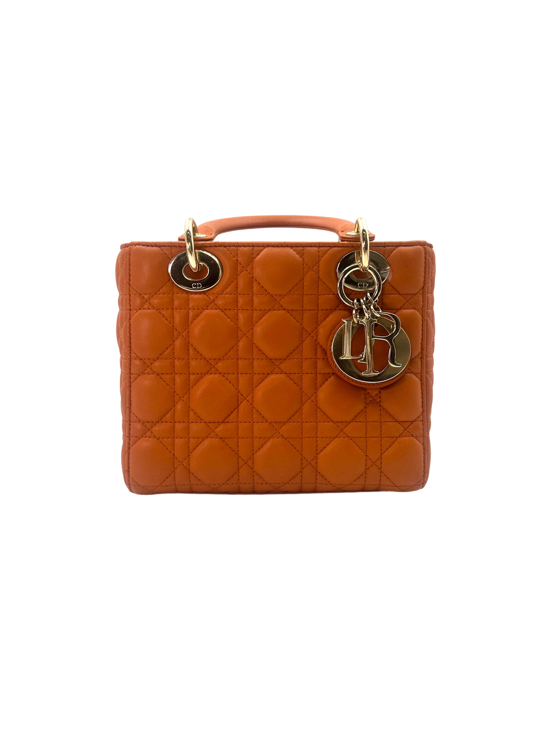 Christian Dior Lady Dior Orange Cannage Leather Handle Bag With Gold Charms DR585