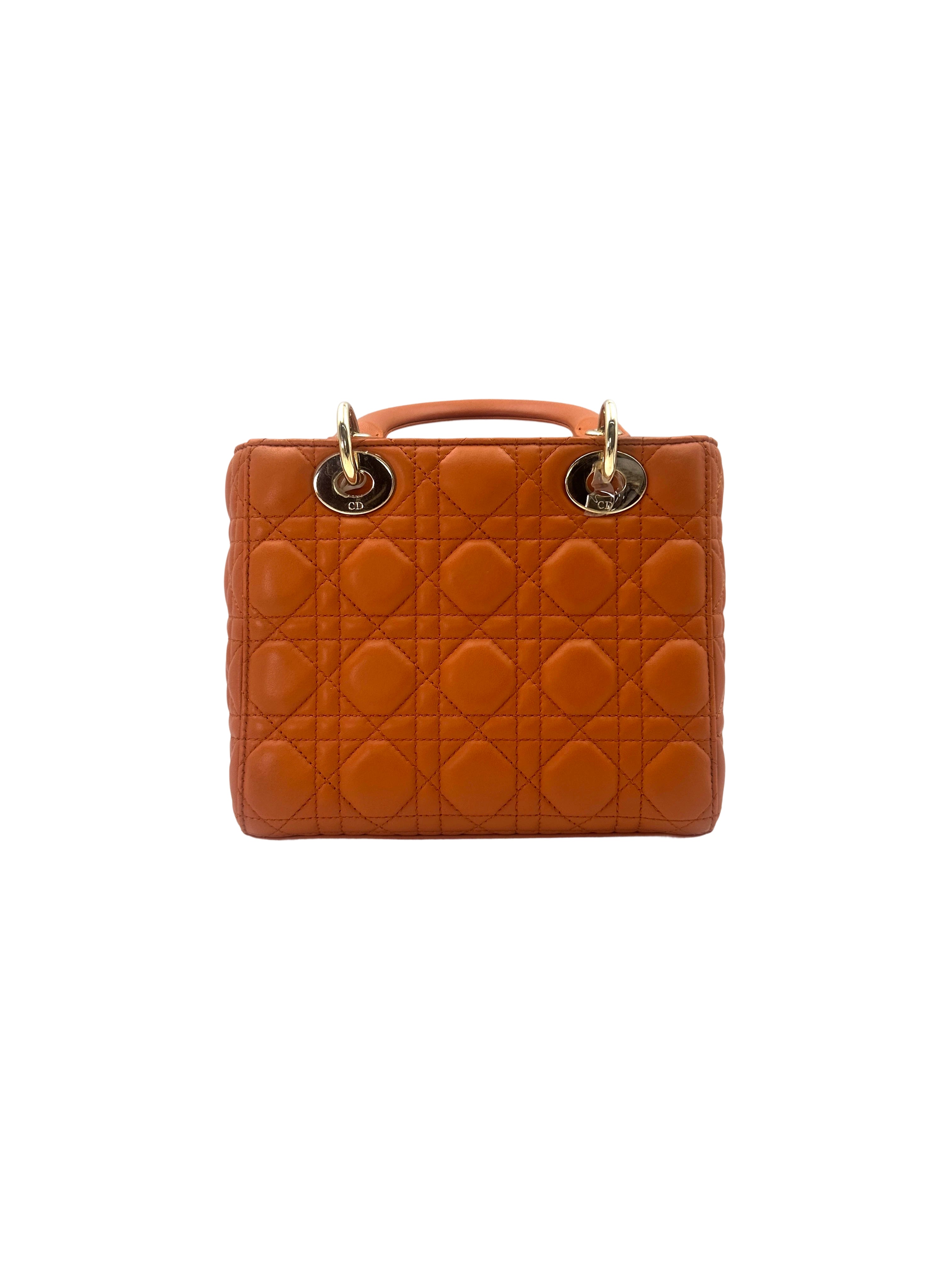Christian Dior Lady Dior Orange Cannage Leather Handle Bag With Gold Charms DR585