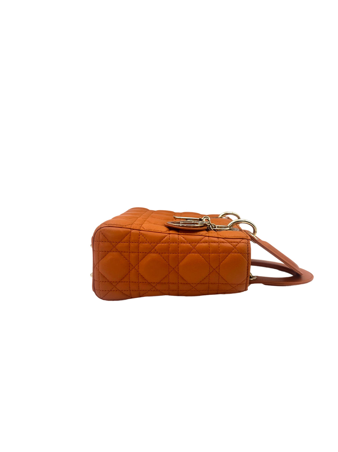 Christian Dior Lady Dior Orange Cannage Leather Handle Bag With Gold Charms DR585