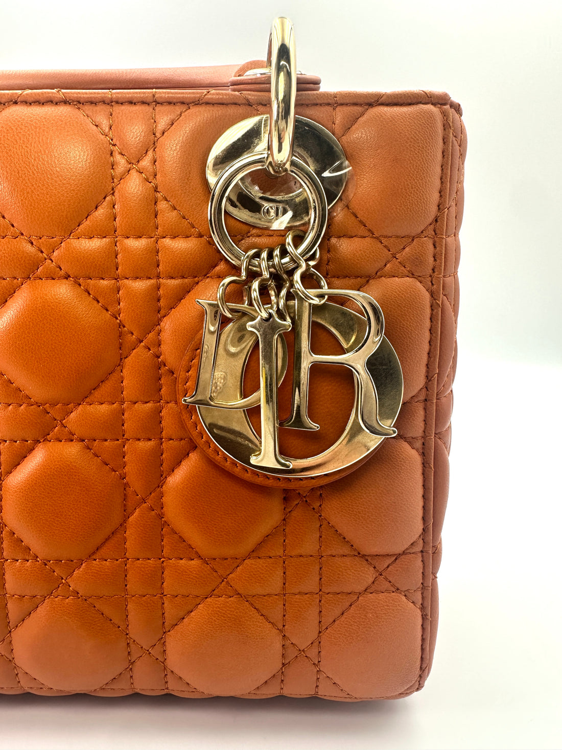 Christian Dior Lady Dior Orange Cannage Leather Handle Bag With Gold Charms DR585