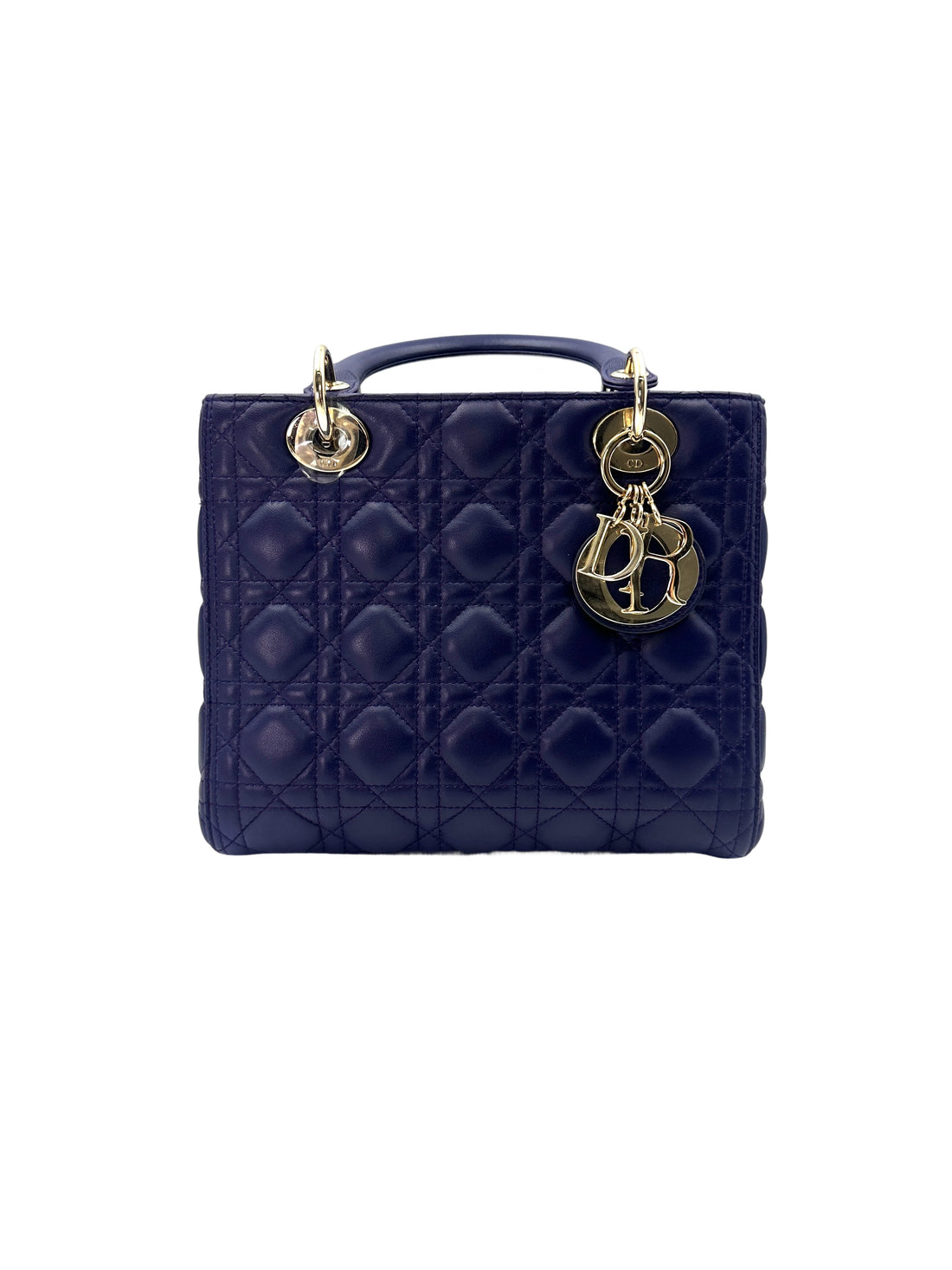Christian Dior Lady Dior Blue Cannage Leather Handle Bag With Gold Charms DR586