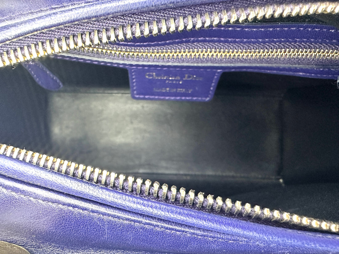 Christian Dior Lady Dior Blue Cannage Leather Handle Bag With Gold Charms DR586