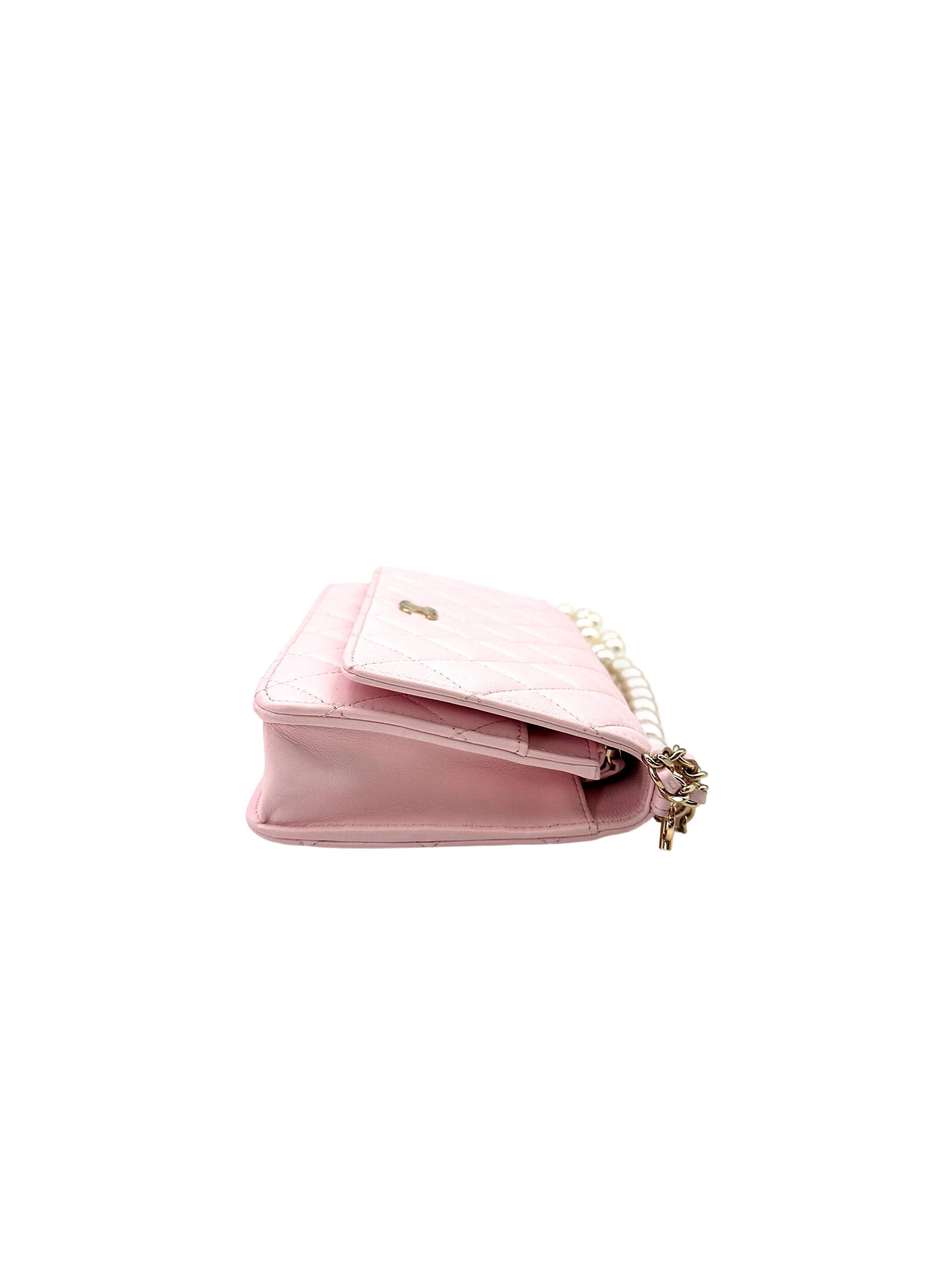 Chanel 22P Pink Quilted Leather Wallet On Chain With Pearl Chain(CL***21) CC1596