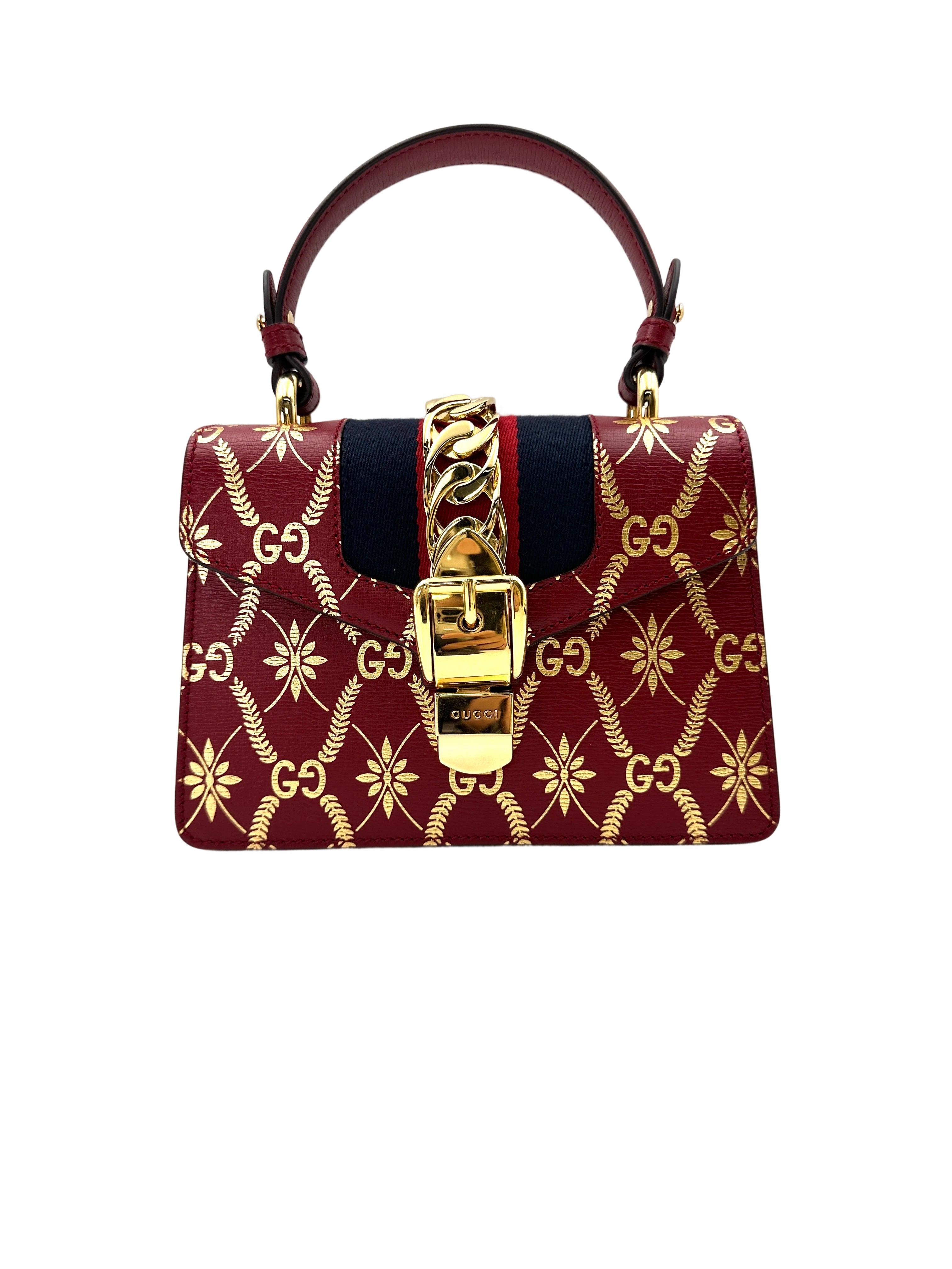 Gucci Sylvie Bee & Star Print Red Leather Top Handle Bag GG777