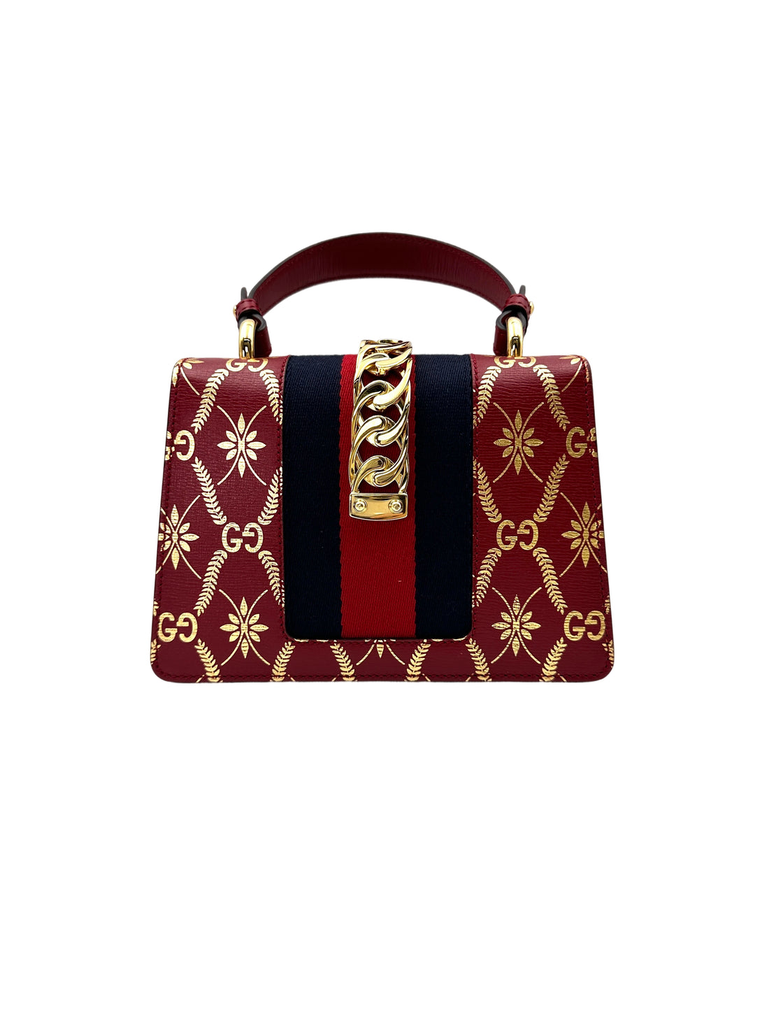 Gucci Sylvie Bee & Star Print Red Leather Top Handle Bag GG777