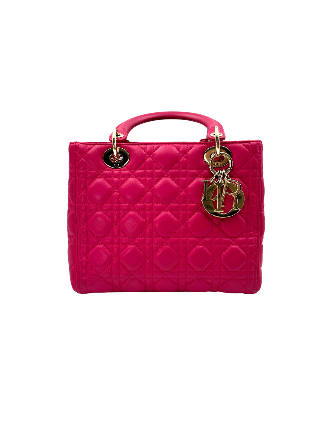 Christian Dior Lady Dior Pink Cannage Lambskin Handle Bag With Gold Charms DR584