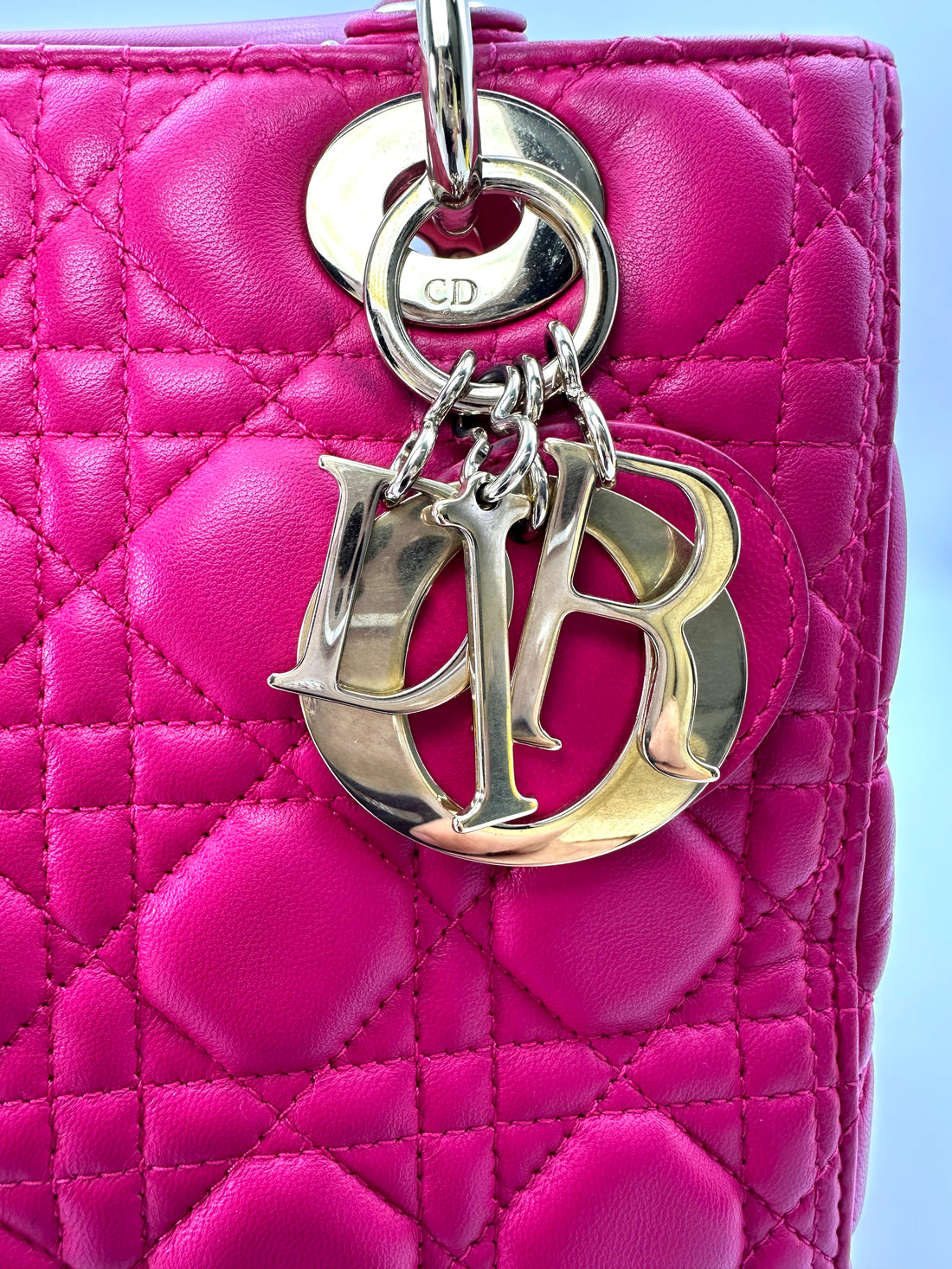 Christian Dior Lady Dior Pink Cannage Lambskin Handle Bag With Gold Charms DR584