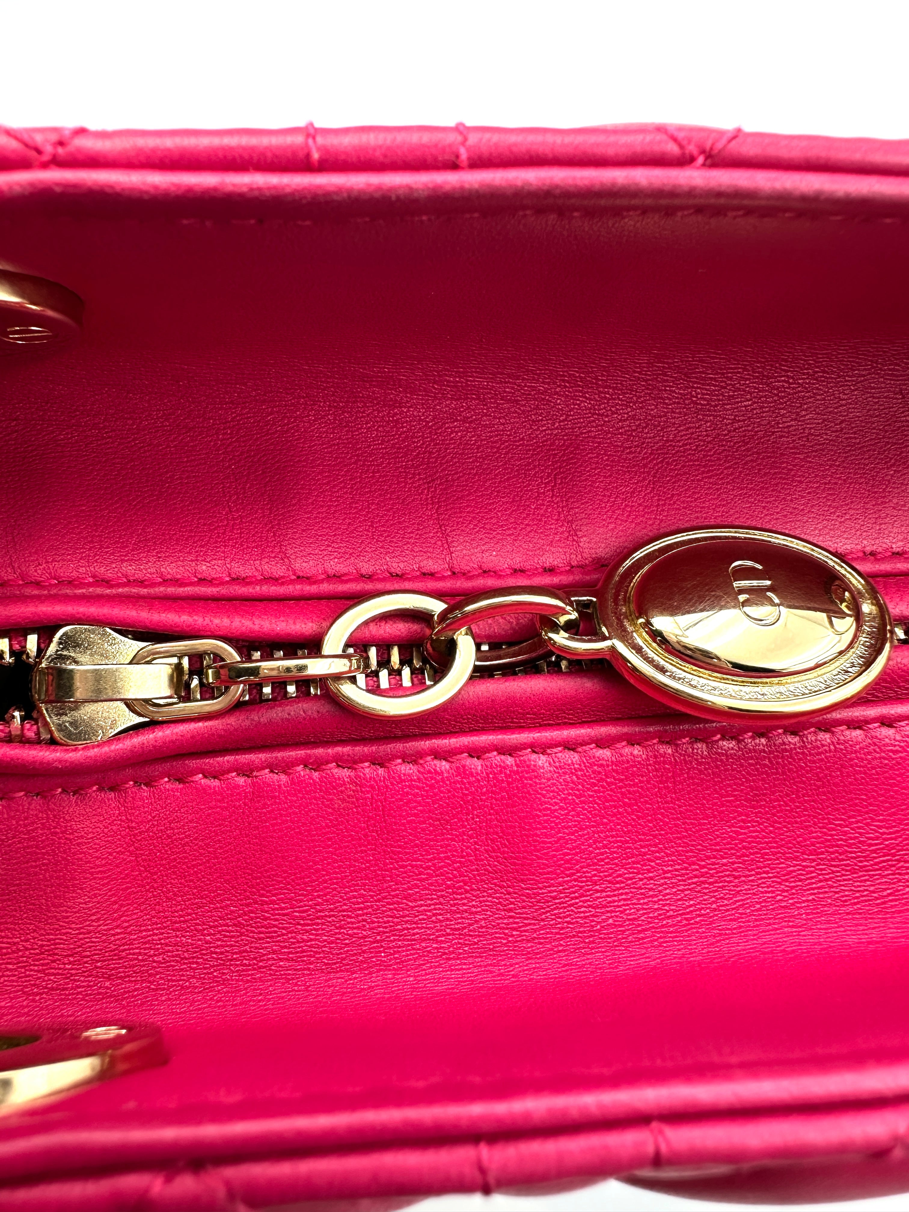Christian Dior Lady Dior Pink Cannage Lambskin Handle Bag With Gold Charms DR584