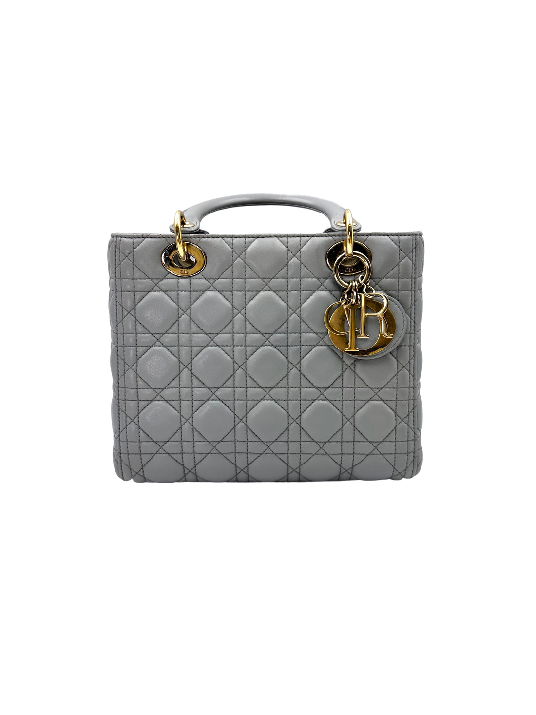 Christian Dior Lady Dior Grey Cannage Leather Handle Bag With Gold Charms DR590