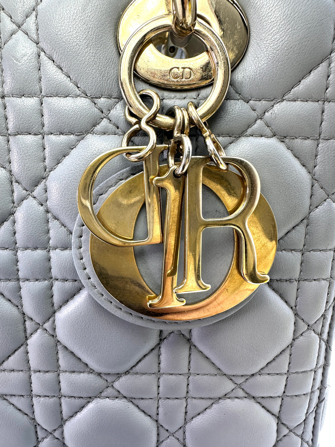 Christian Dior Lady Dior Grey Cannage Leather Handle Bag With Gold Charms DR590