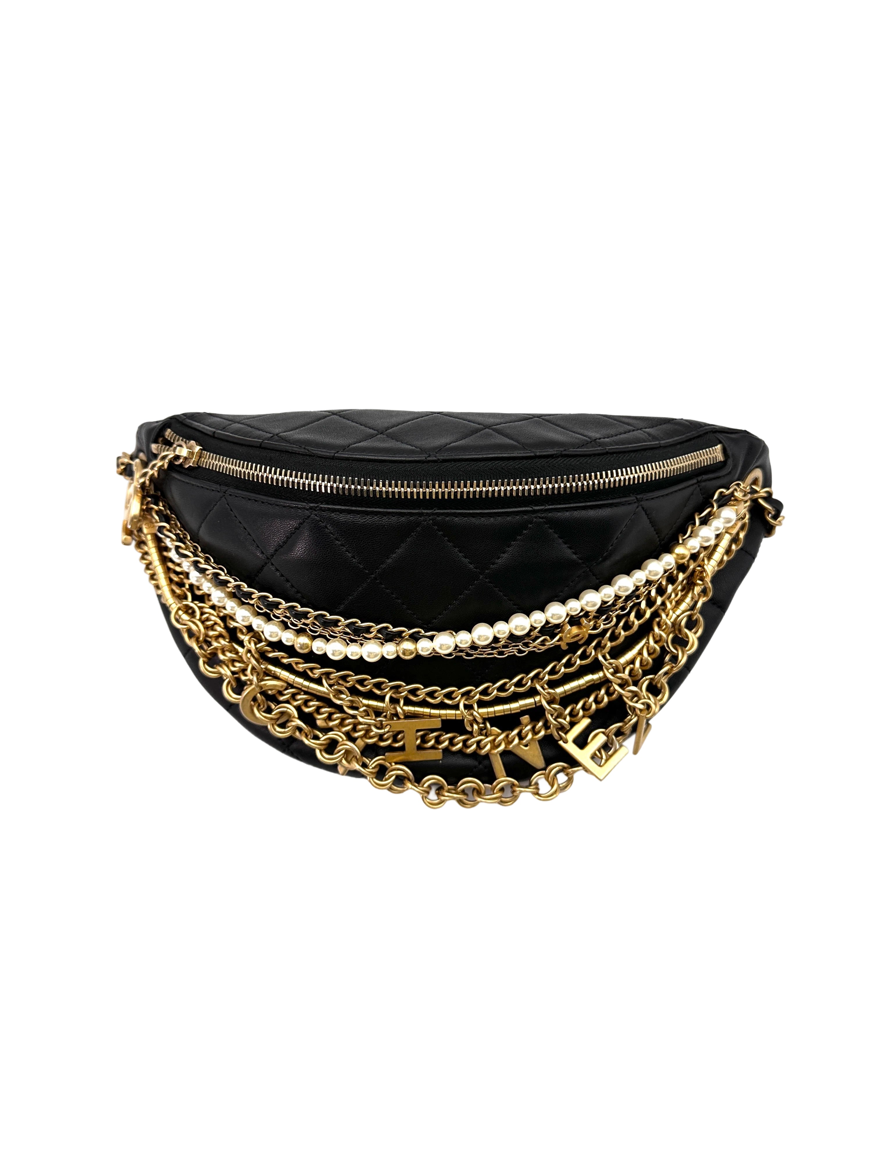 Chanel "All About Chains" Black Quilted Leather Waist Bag With Pearl And Gold Hardware(27***40) IRIS092